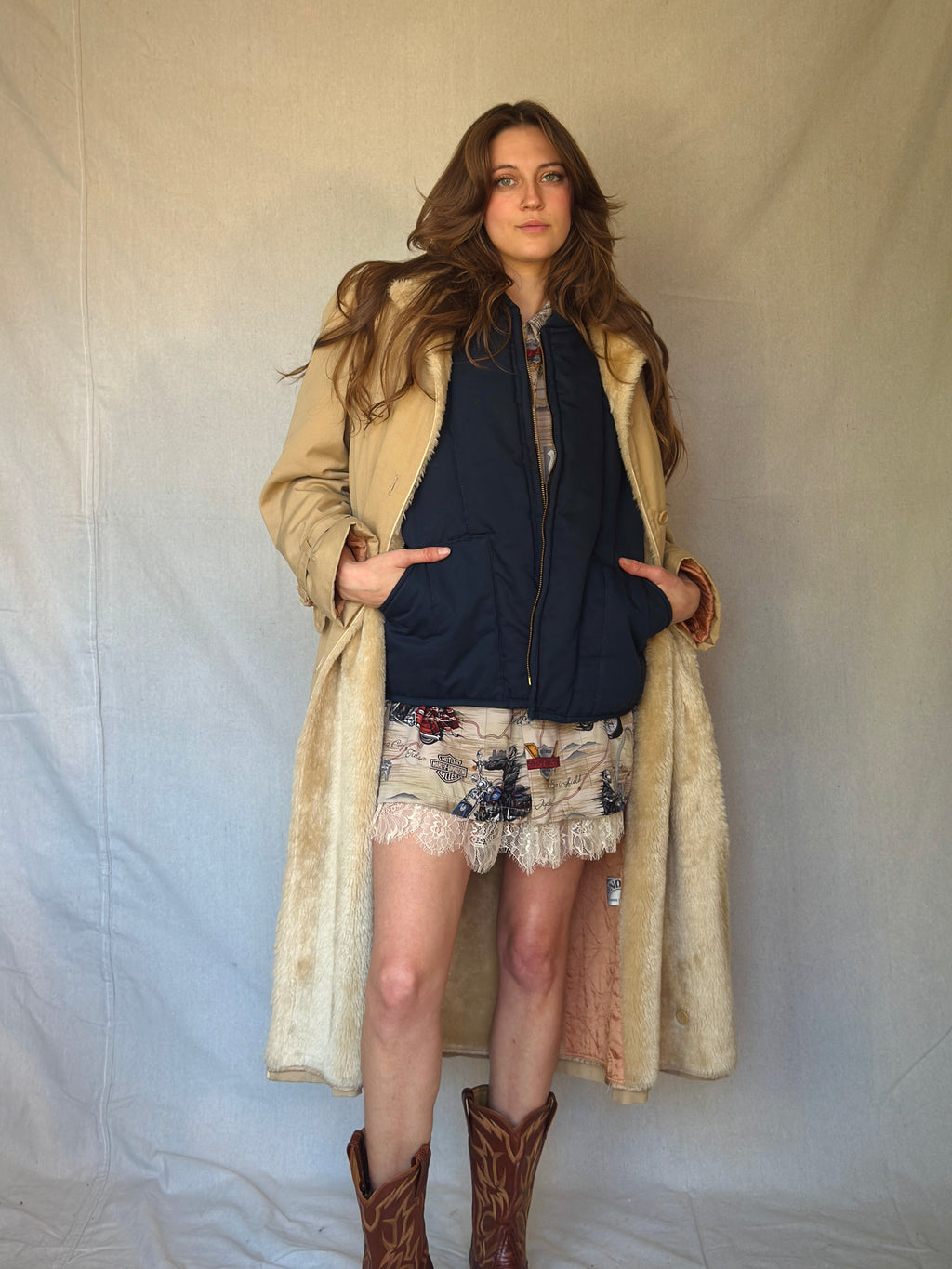 70s Tan Faux Shearling Trench Coat