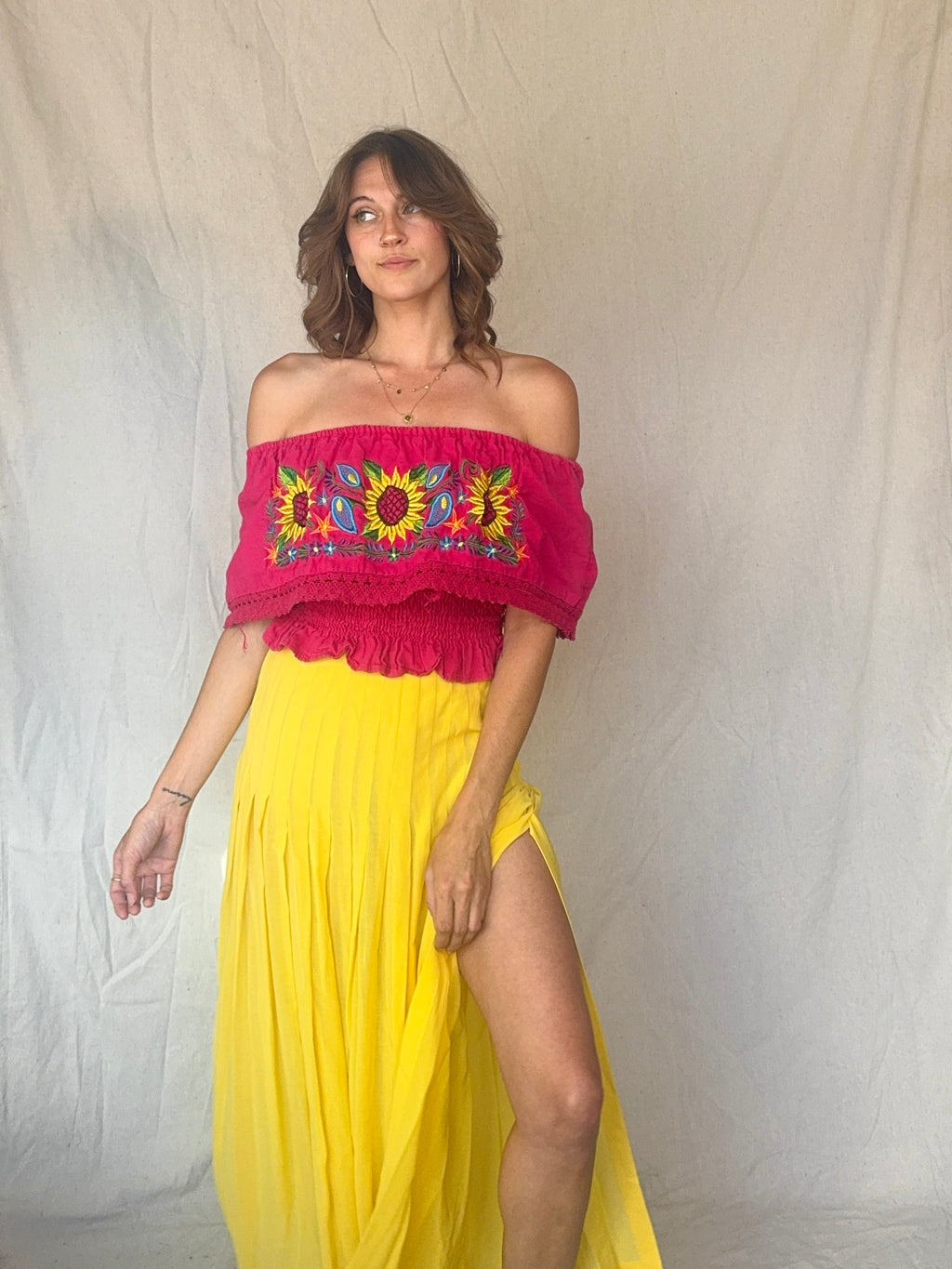 Vintage Hot Pink Off the Shoulder Embroidered Sunflower Oaxacan Summer Top
