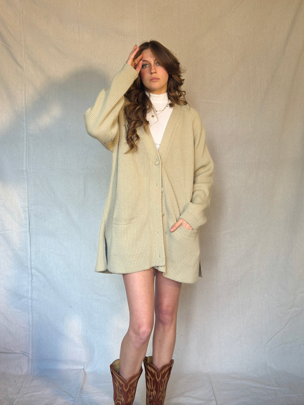 Y2K Light Beige Preppy Ribbed Cardigan Sweater