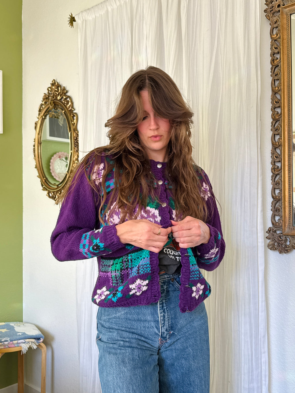 80s Purple Floral Plaid Granny Cardigan Sweater