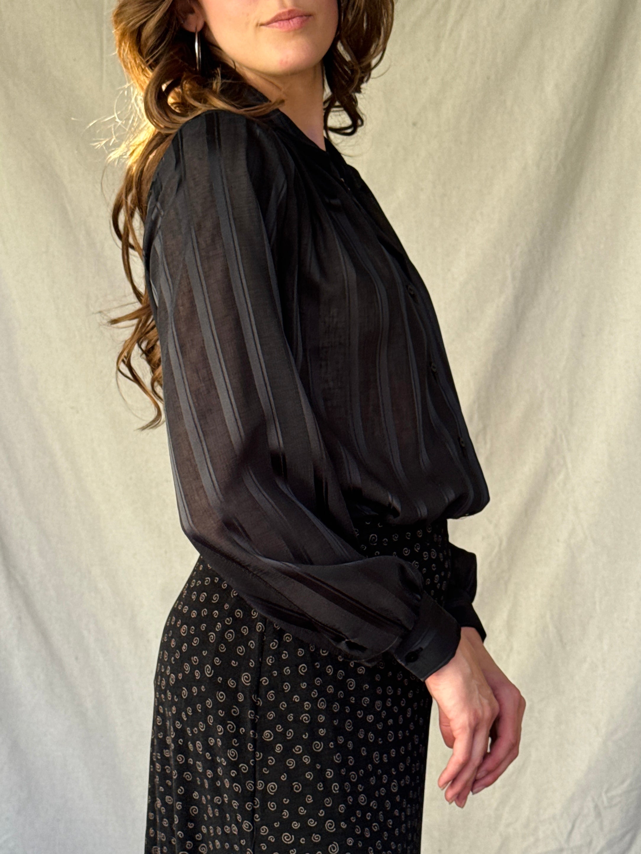 90s Sheer Black Striped Button Up Blouse