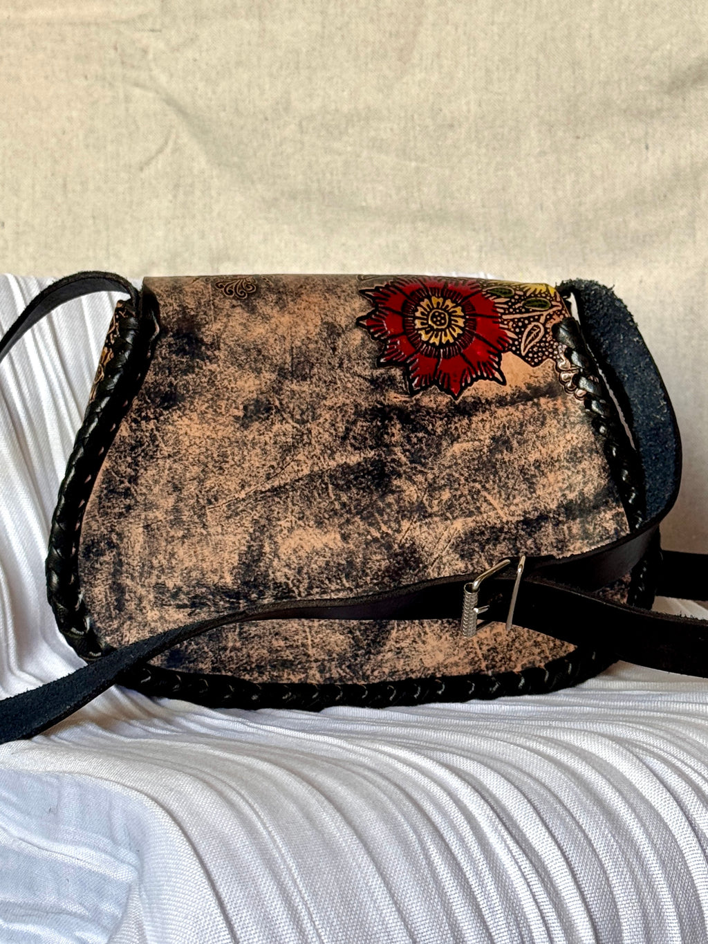 Black Leather Hand Tooled and Painted Peacock Flower Crossbody Bag