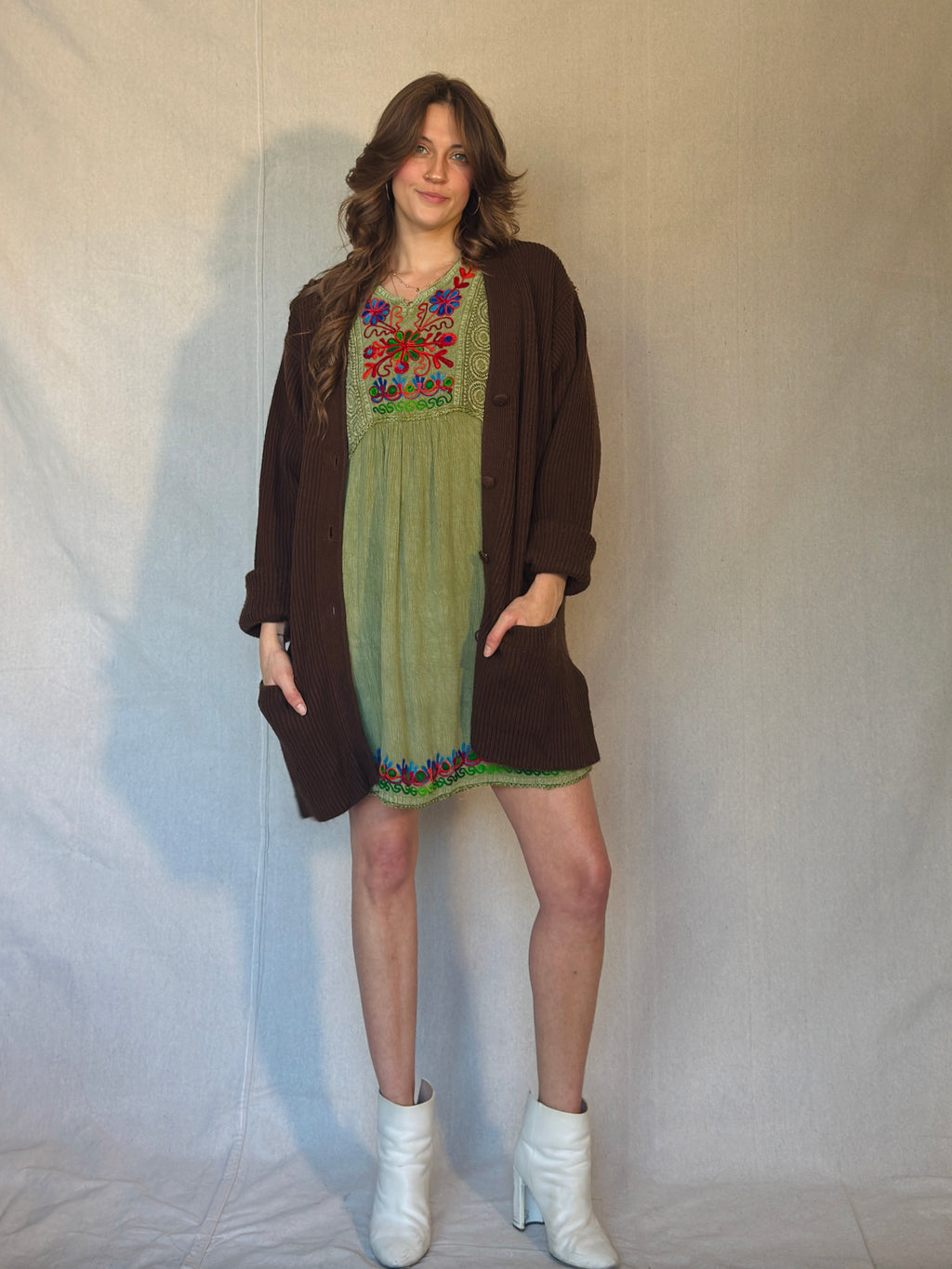 90s Brown Ribbed Cardigan Sweater