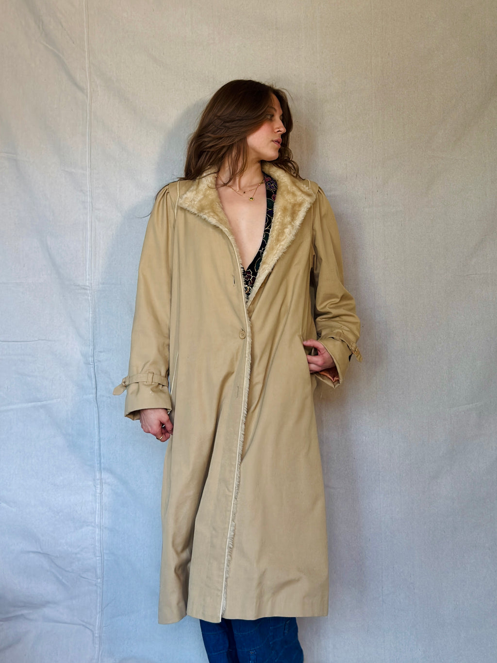70s Tan Faux Shearling Trench Coat