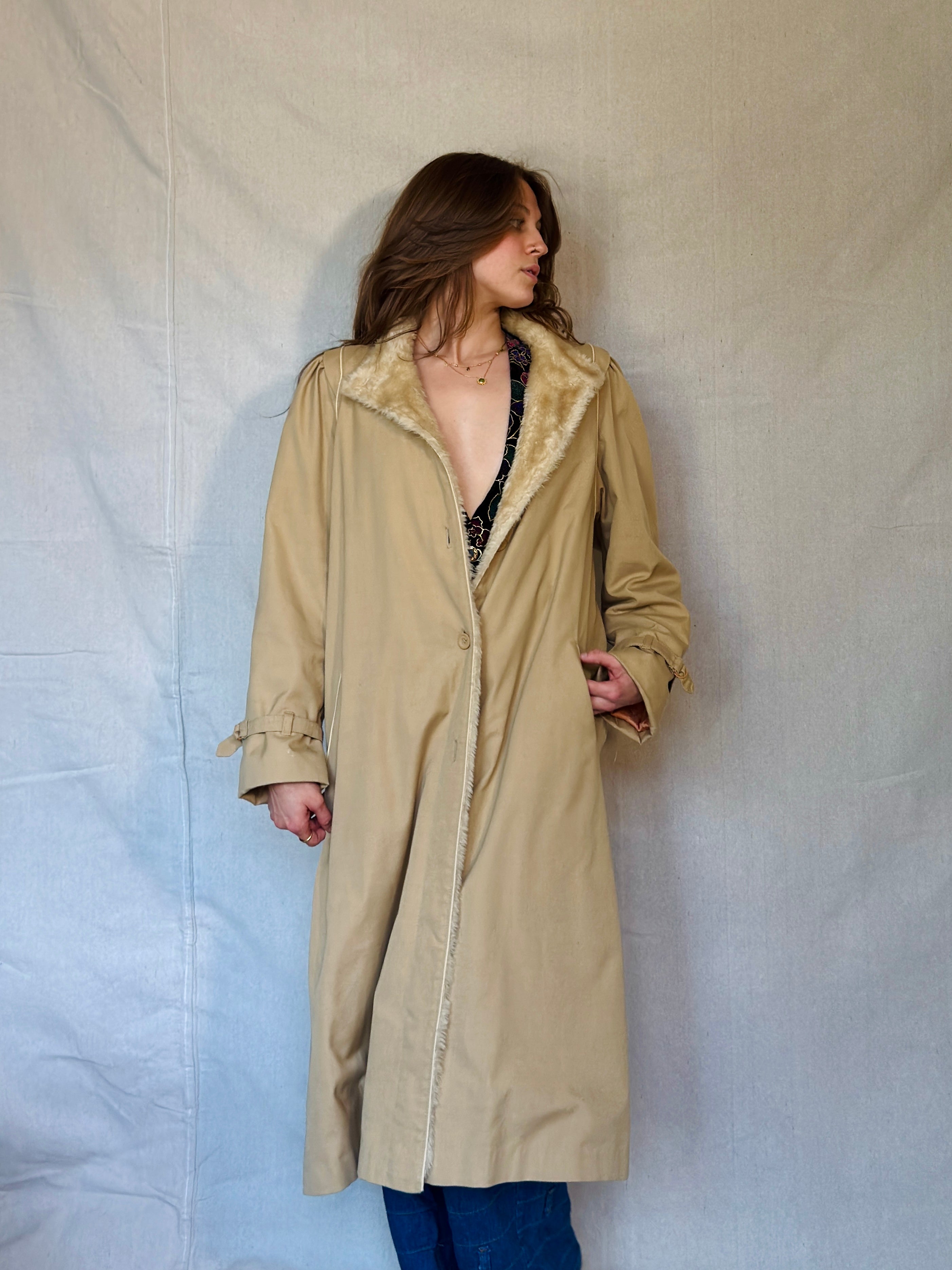 70s Tan Faux Shearling Trench Coat