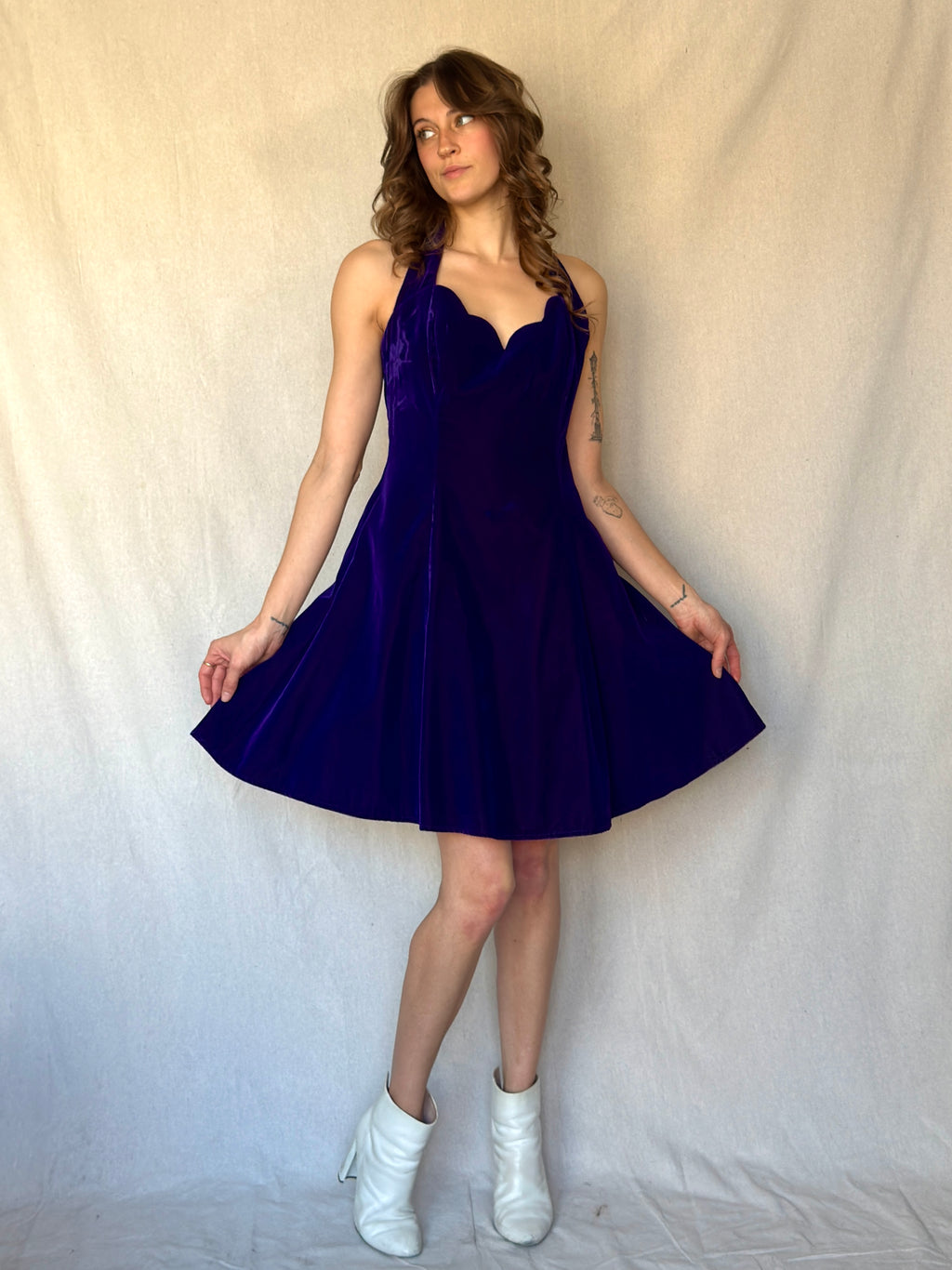90s Purple Velvet Halter Mini Cocktail Dress