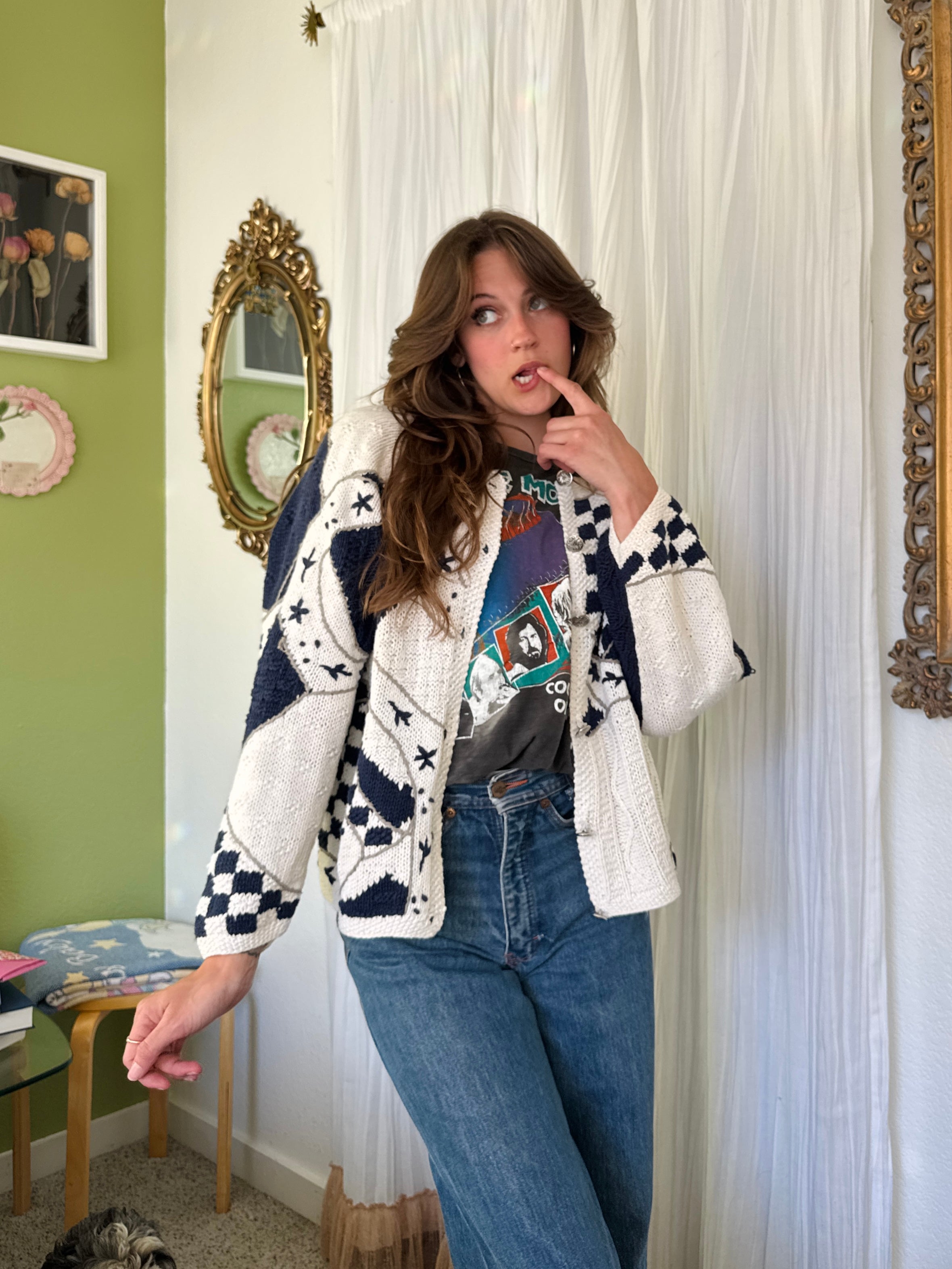 90s Cottagecore Blue & White Granny Cardigan Sweater
