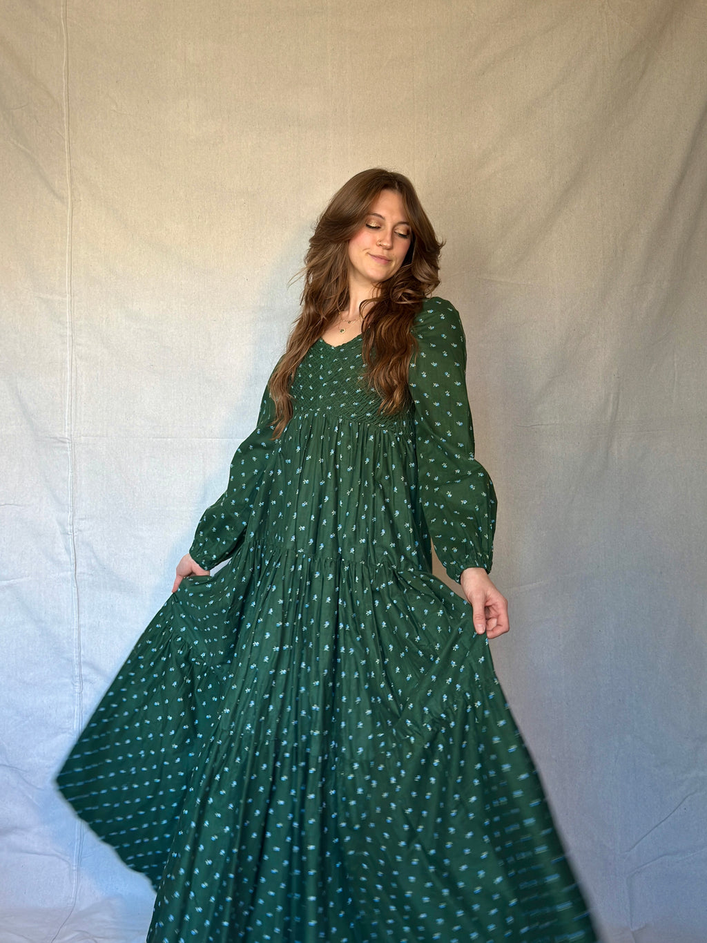 70s Green Micro Floral Tiered Prairie Dress