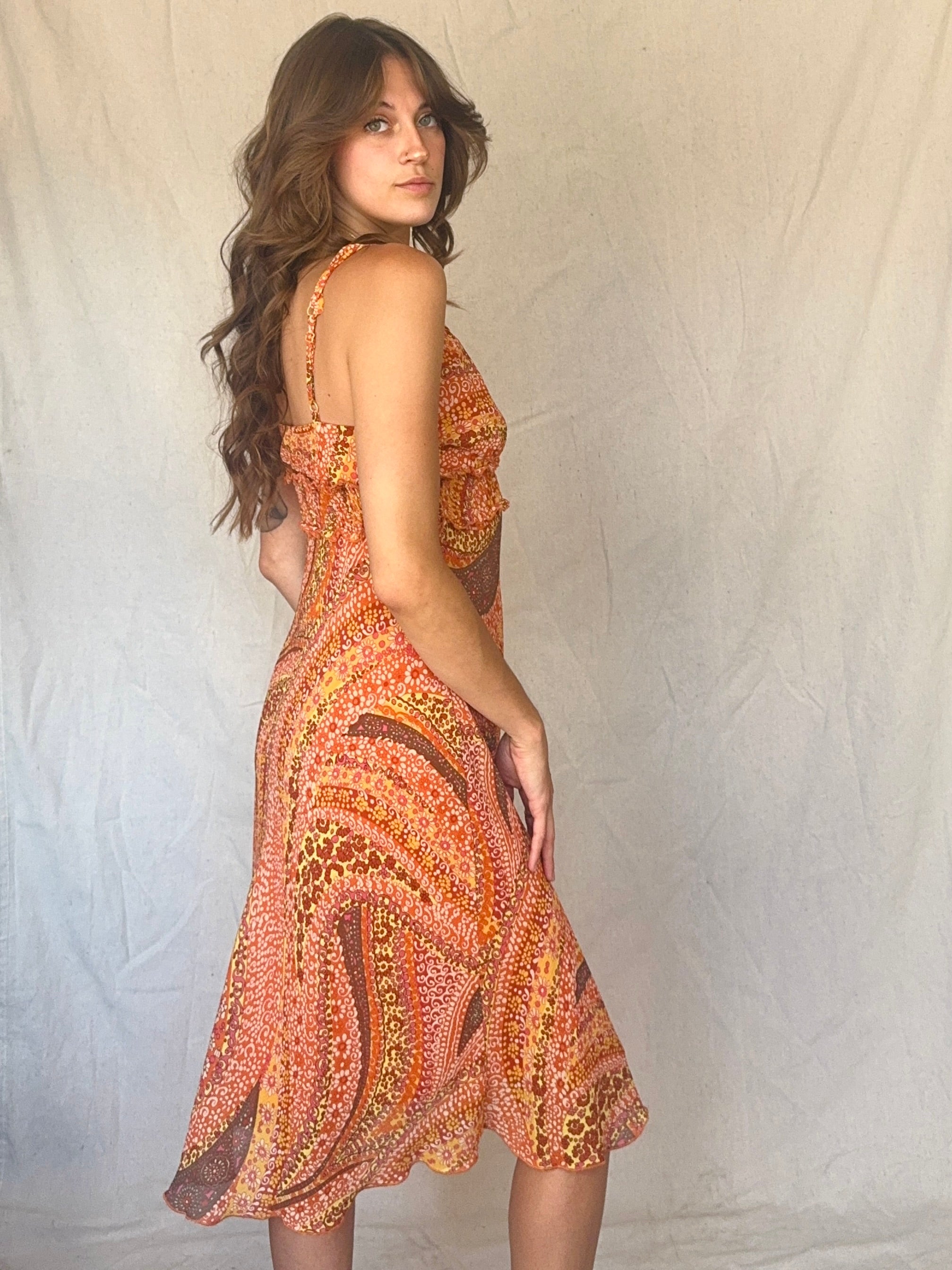 Orange Floral Swirl Ruffled Strappy Sundress (Modern)