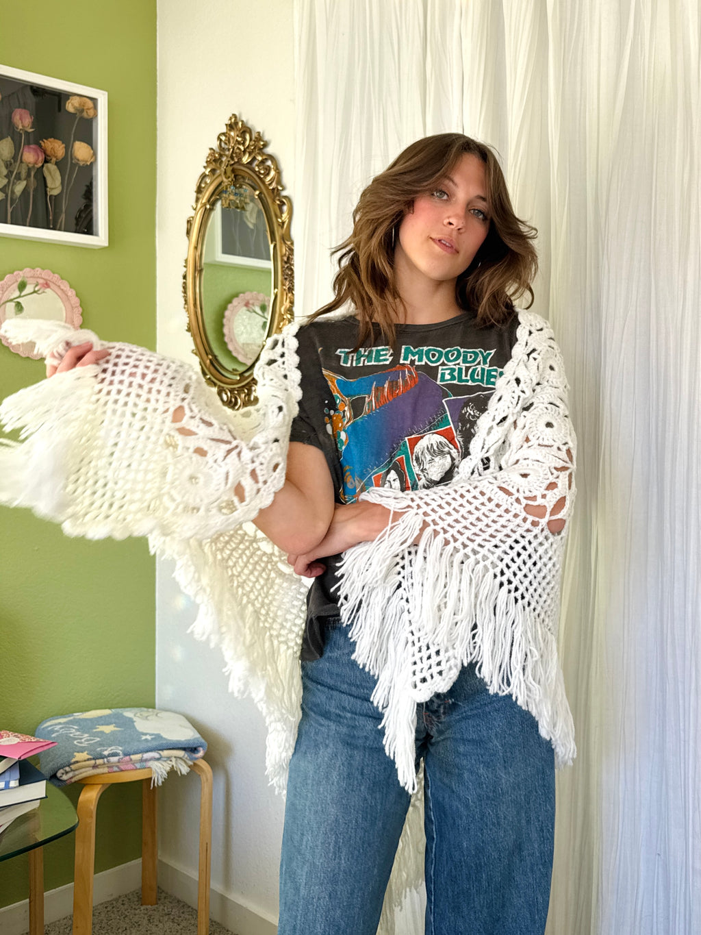 Vintage White Fringe Crochet Cottagecore Shawl