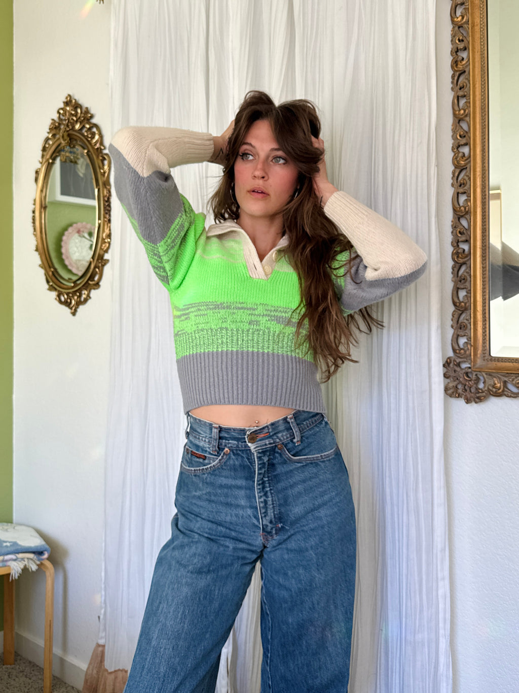 Electric Green Modern Wool Blend Henley Sweater