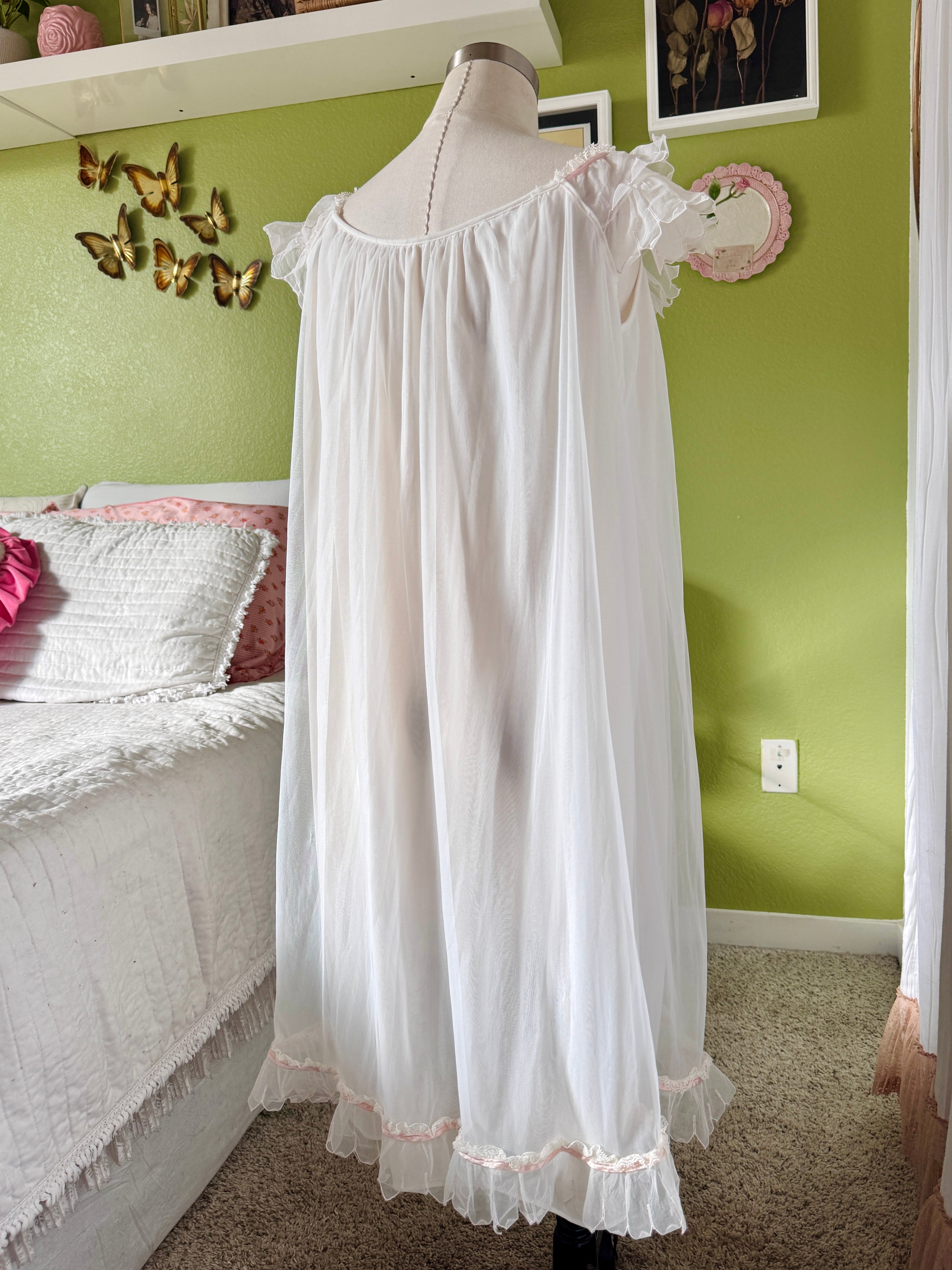 60s White Dreamy Rosette & Lace Babydoll Slip Dress