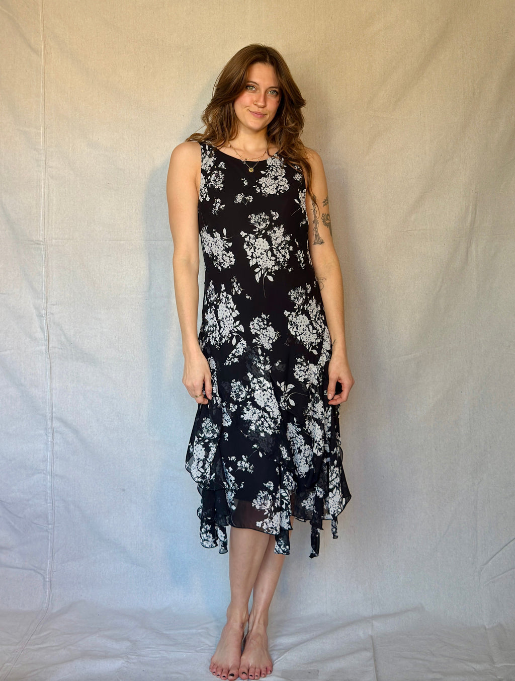 Vintage Black & White Floral Ruffle Dress