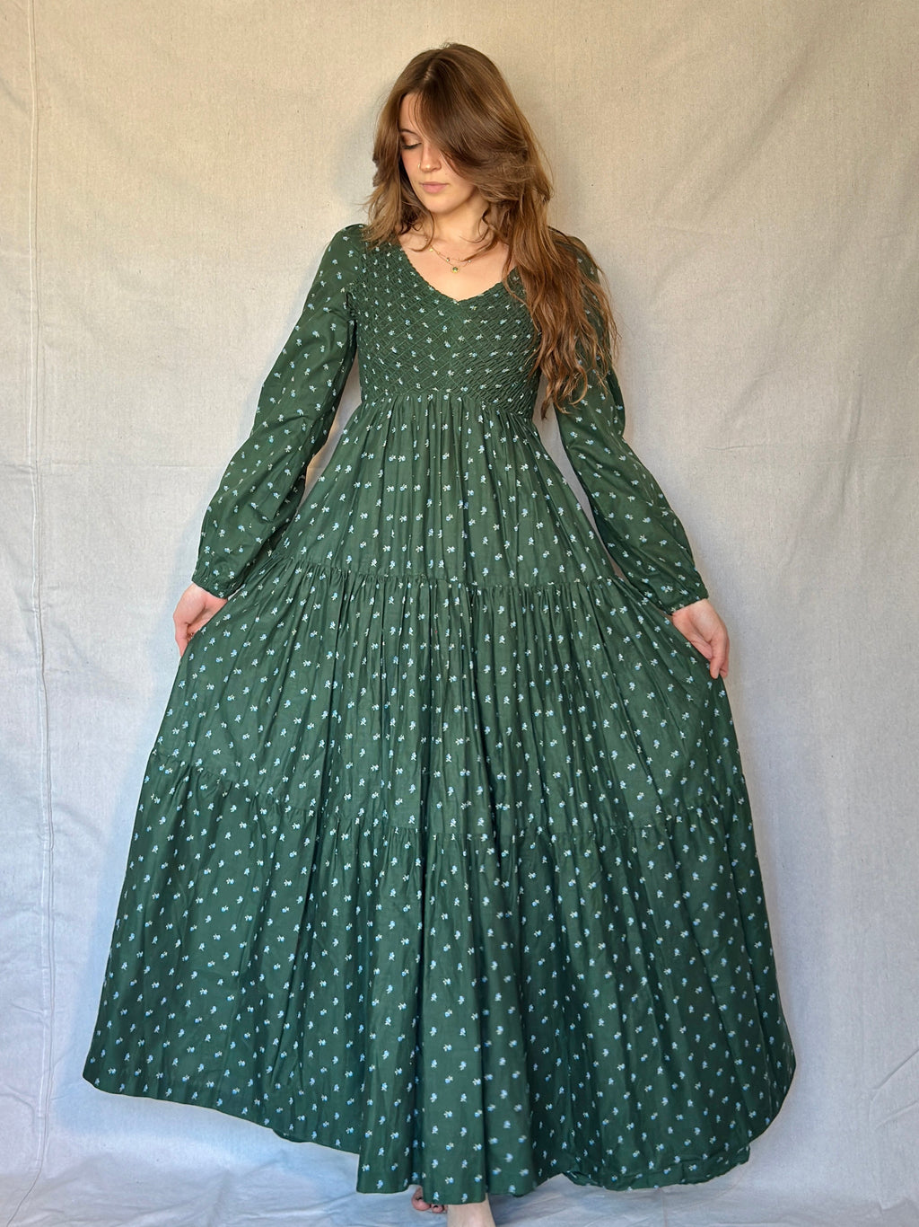 70s Green Micro Floral Tiered Prairie Dress