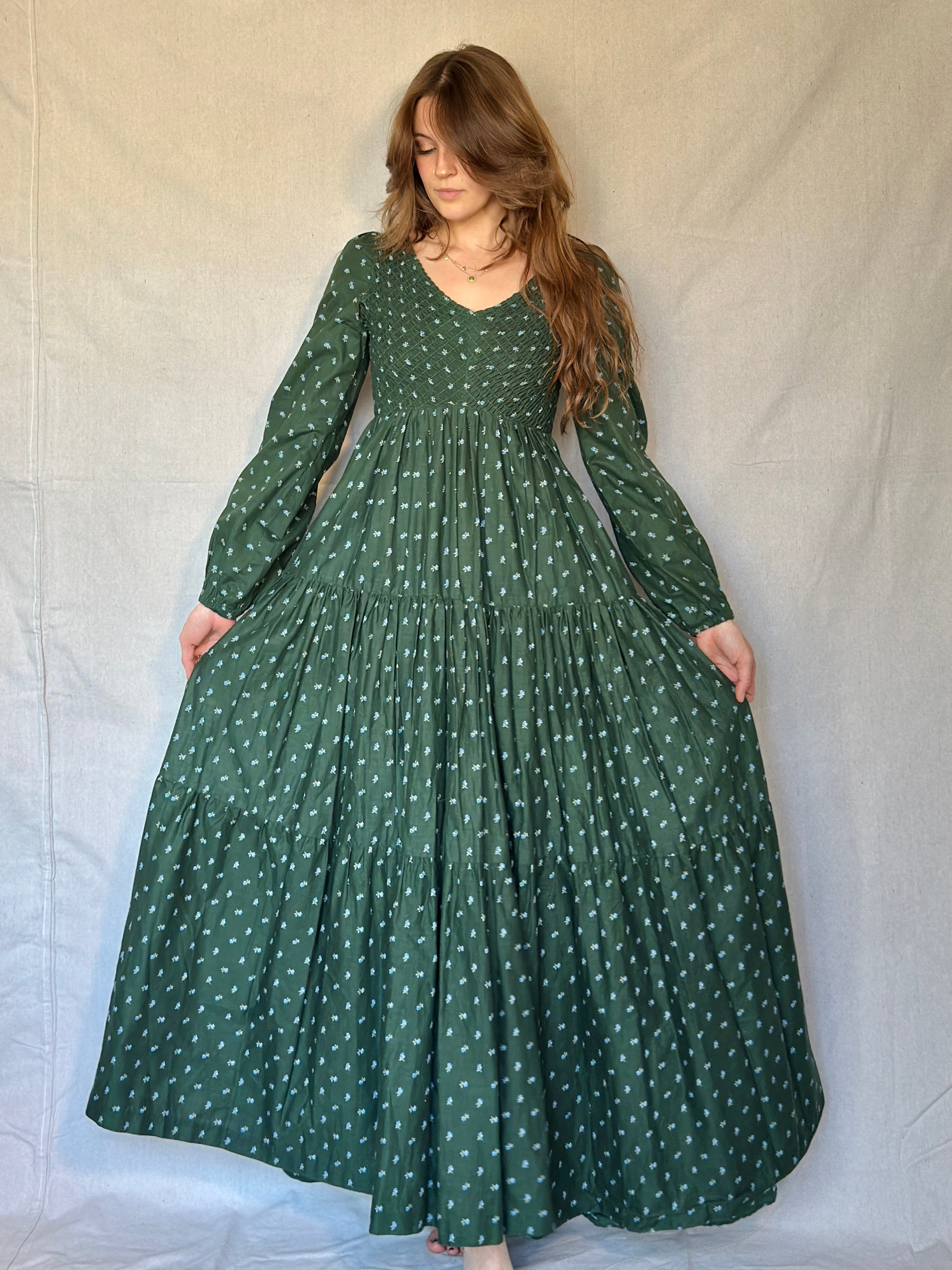 70s Green Micro Floral Tiered Prairie Dress