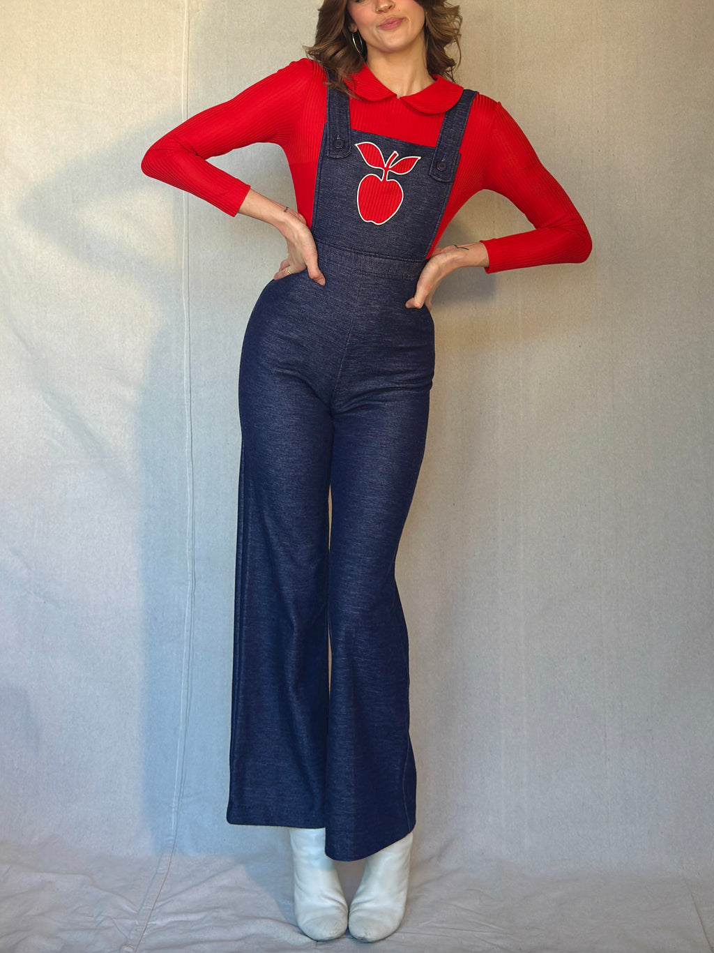 70s Red Apple Peter Pan Collar Overall Jumpsuit