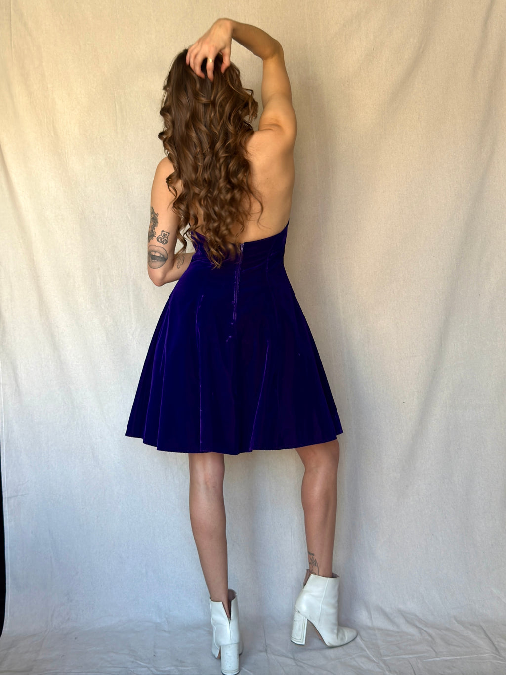 90s Purple Velvet Halter Mini Cocktail Dress