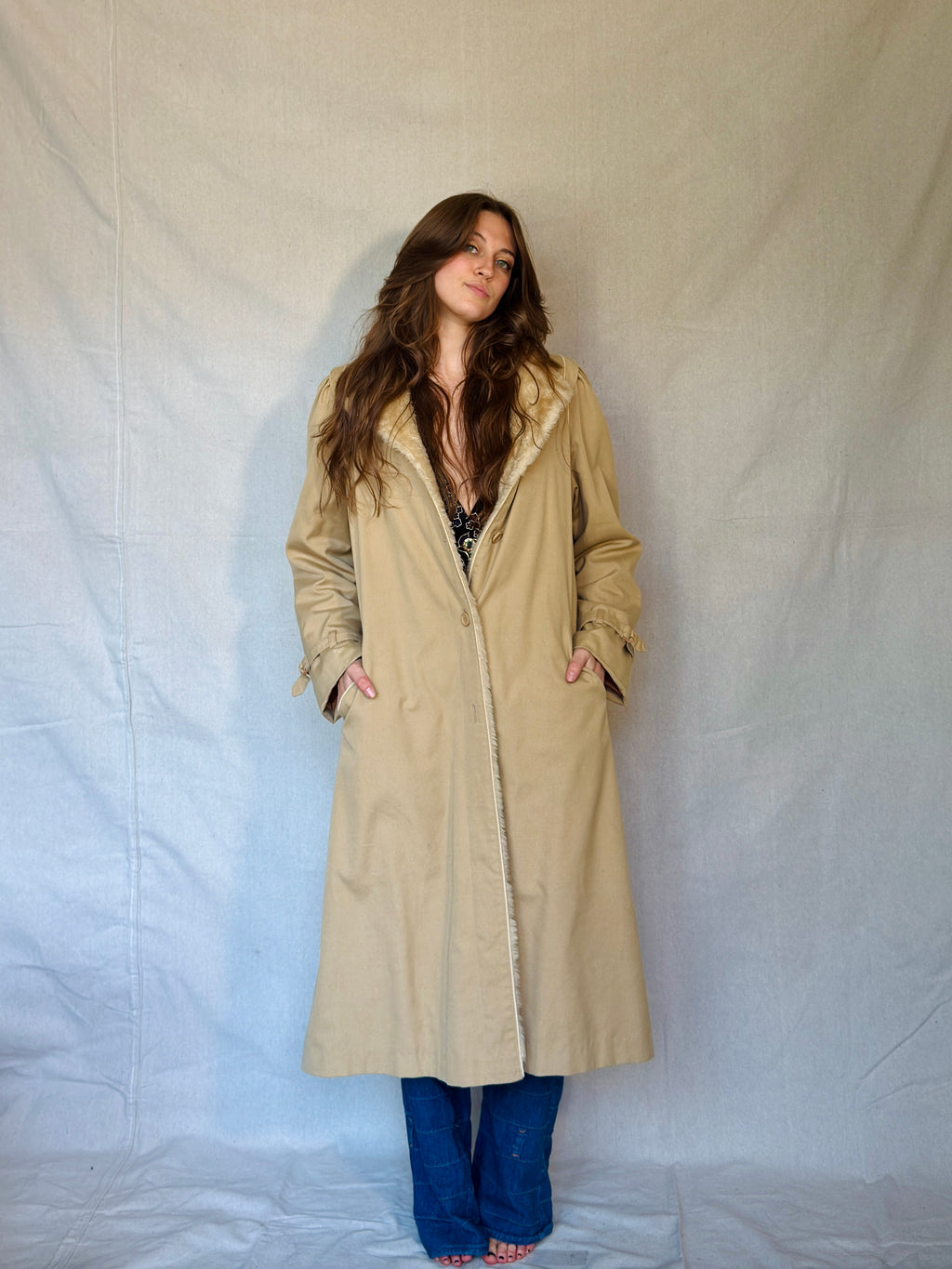 70s Tan Faux Shearling Trench Coat
