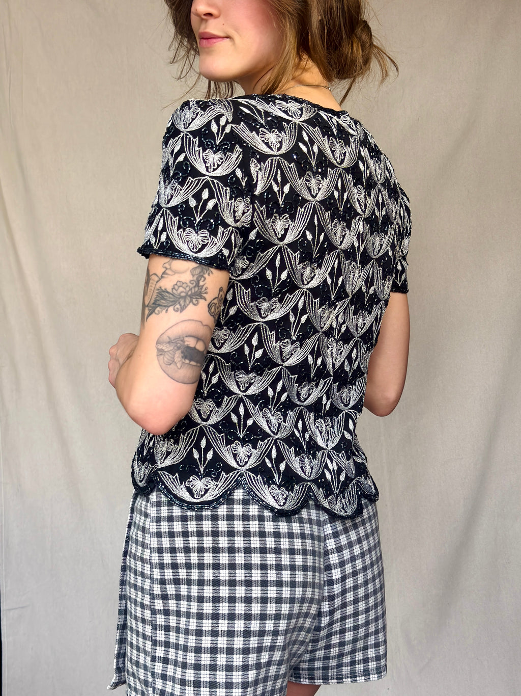 90s Silk Embroidered and Beaded Black Blouse