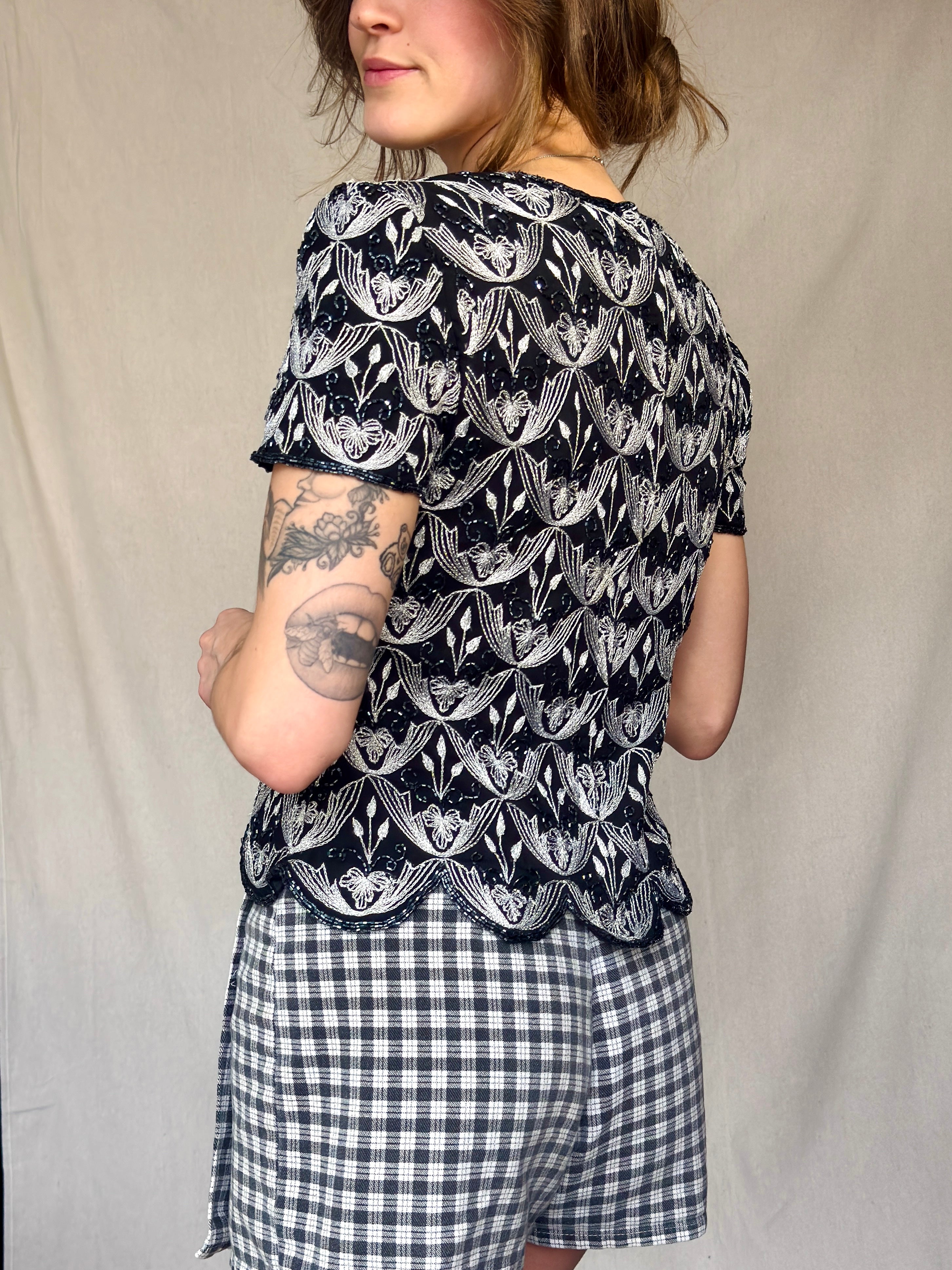 90s Silk Embroidered and Beaded Black Blouse