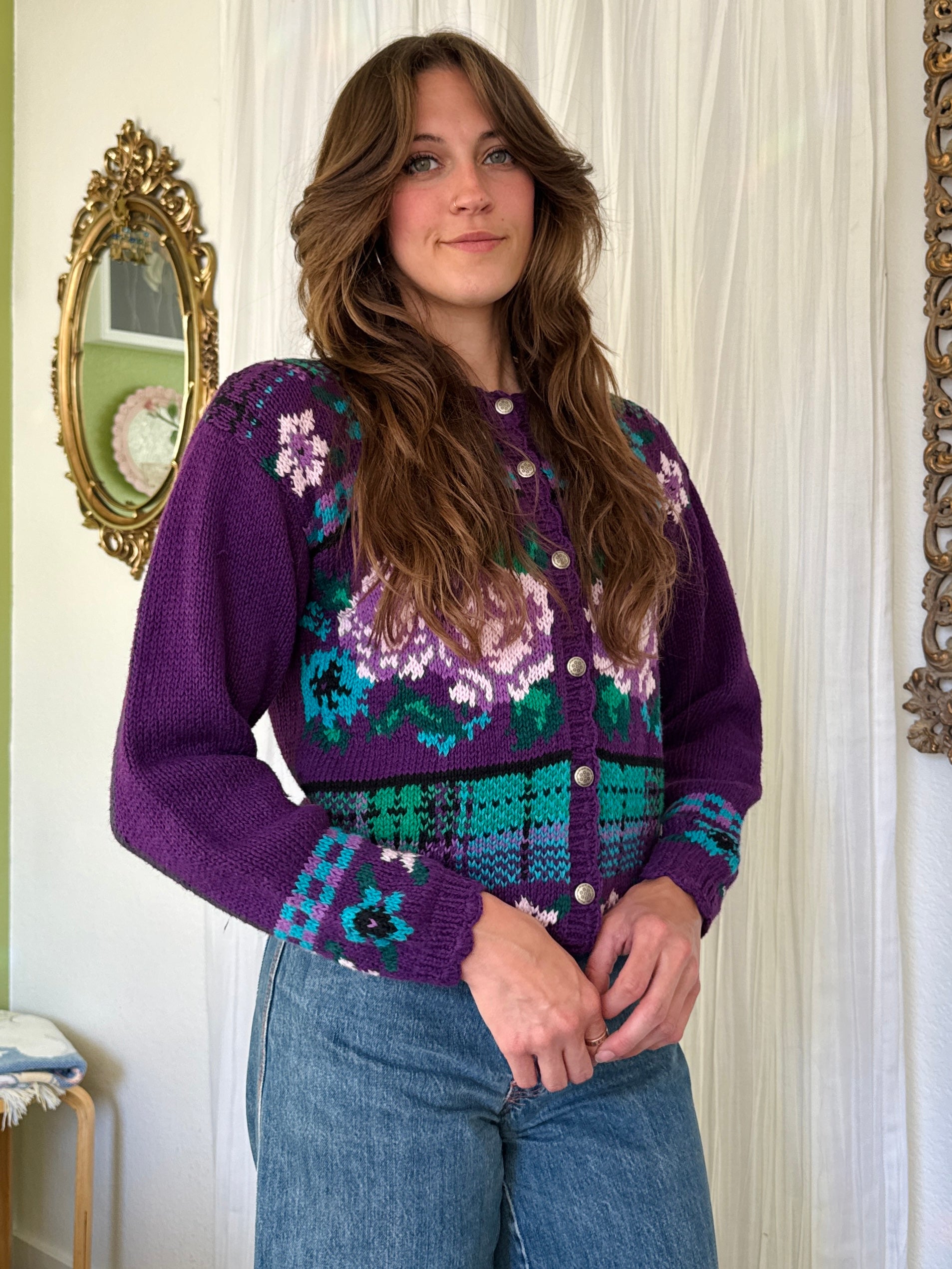 80s Purple Floral Plaid Granny Cardigan Sweater