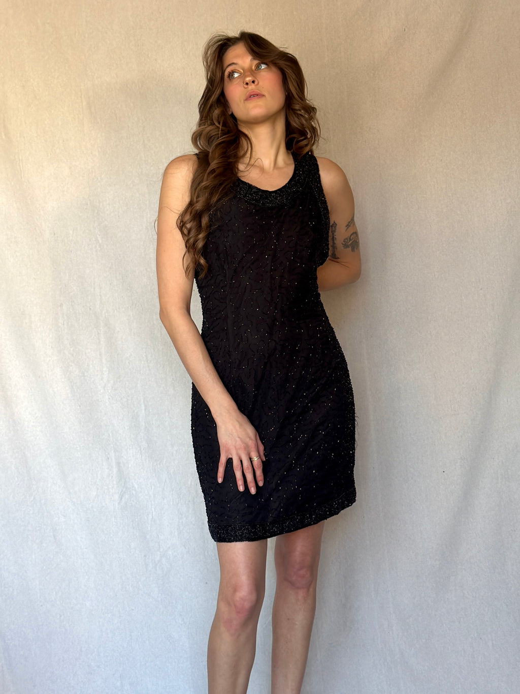 90s Black Beaded Silk Mini Cocktail Dress