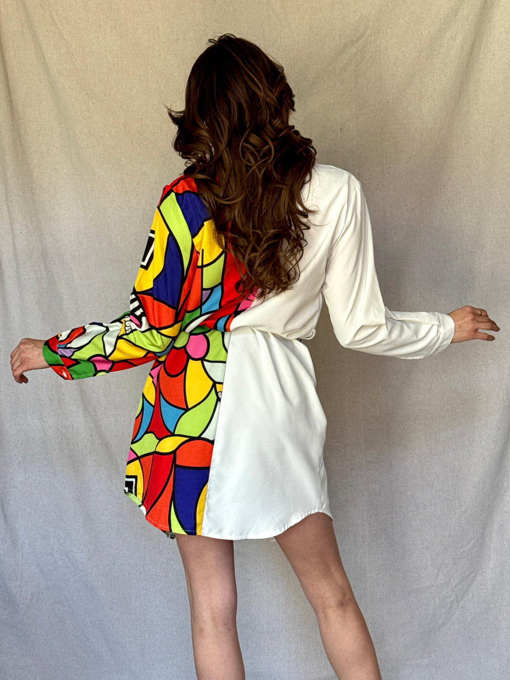 White Split Patterned Shirt Dress (Modern)
