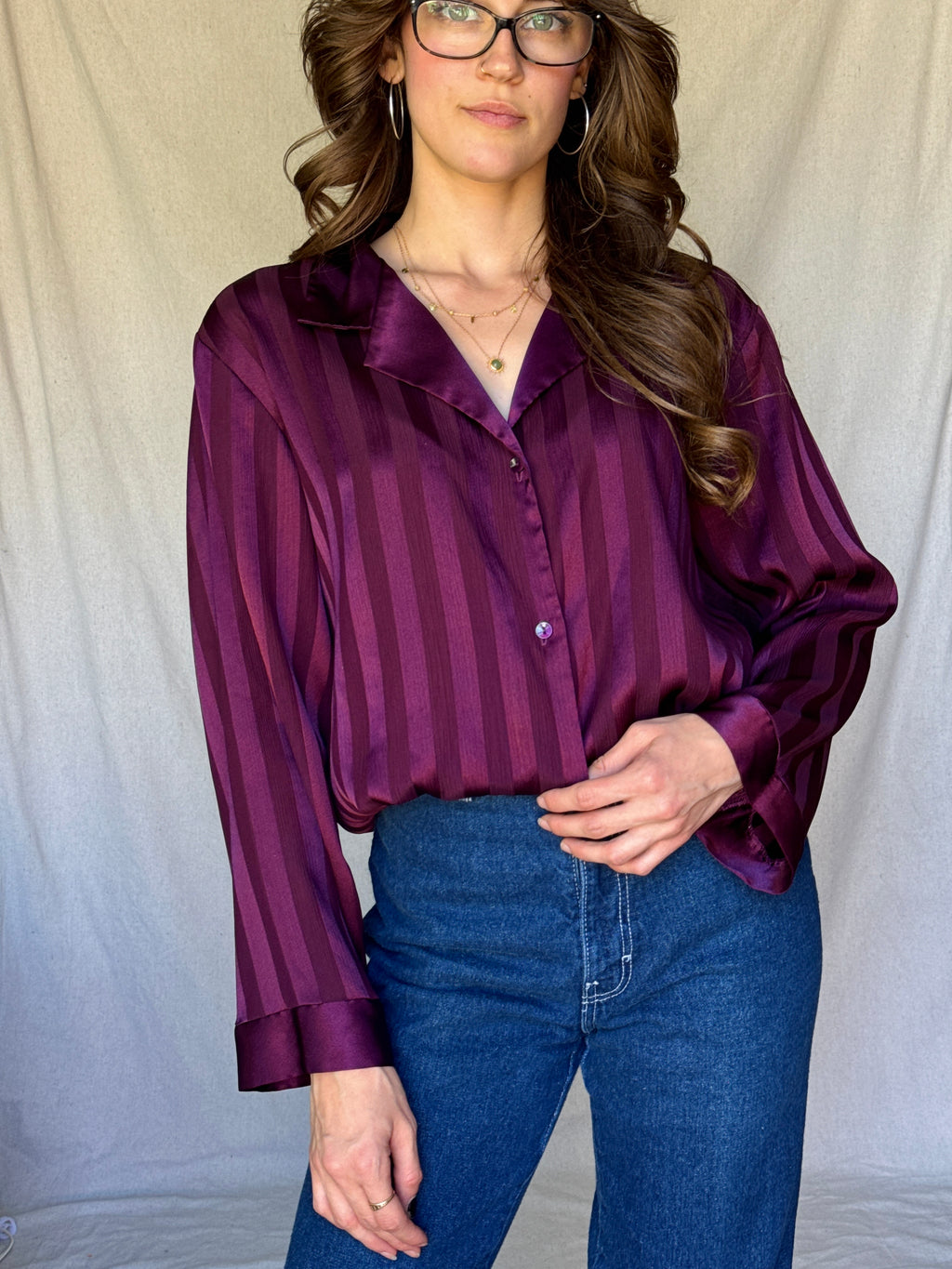 90s Cabernet Red Satin Striped Button Up Blouse