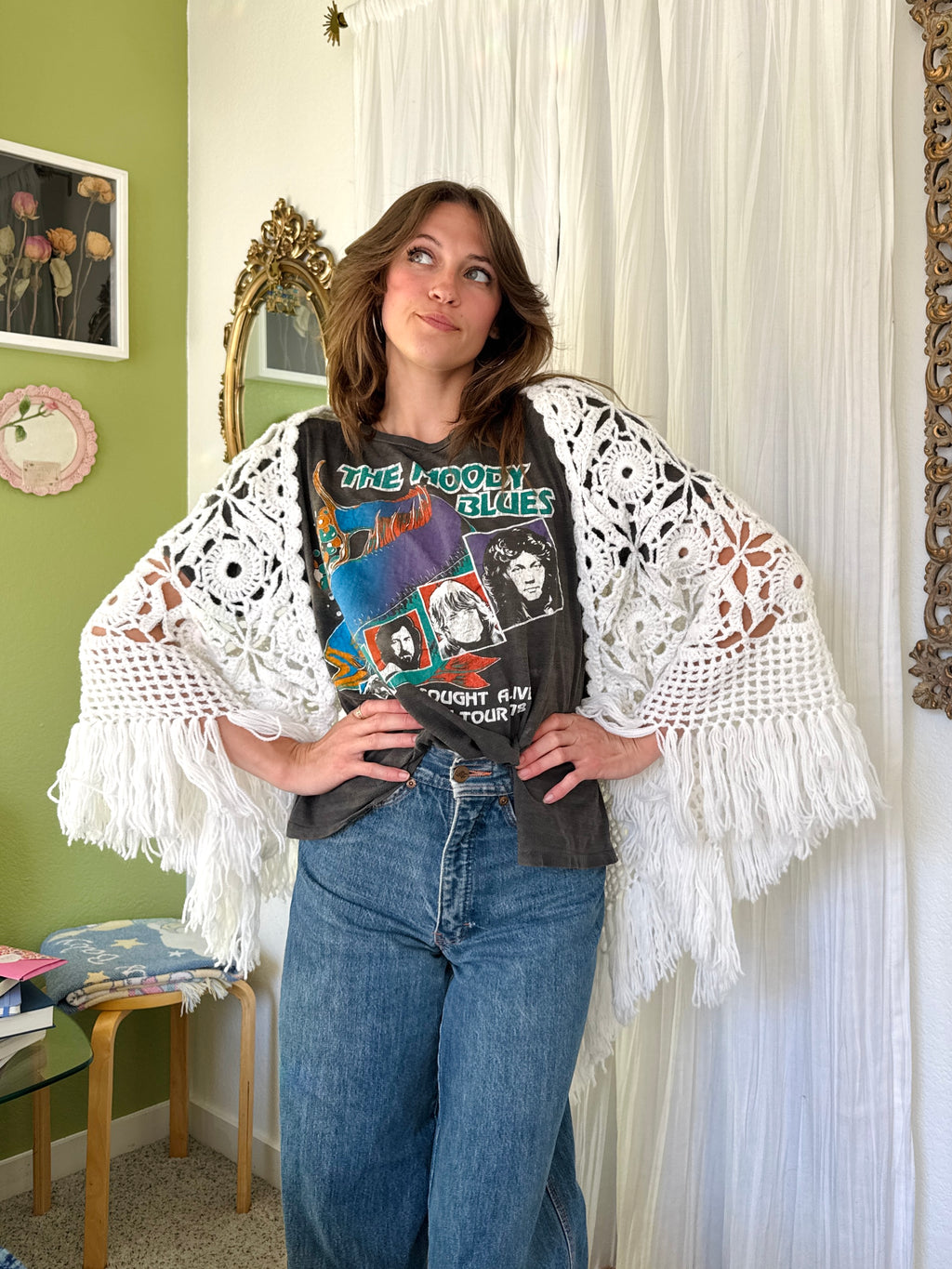 Vintage White Fringe Crochet Cottagecore Shawl