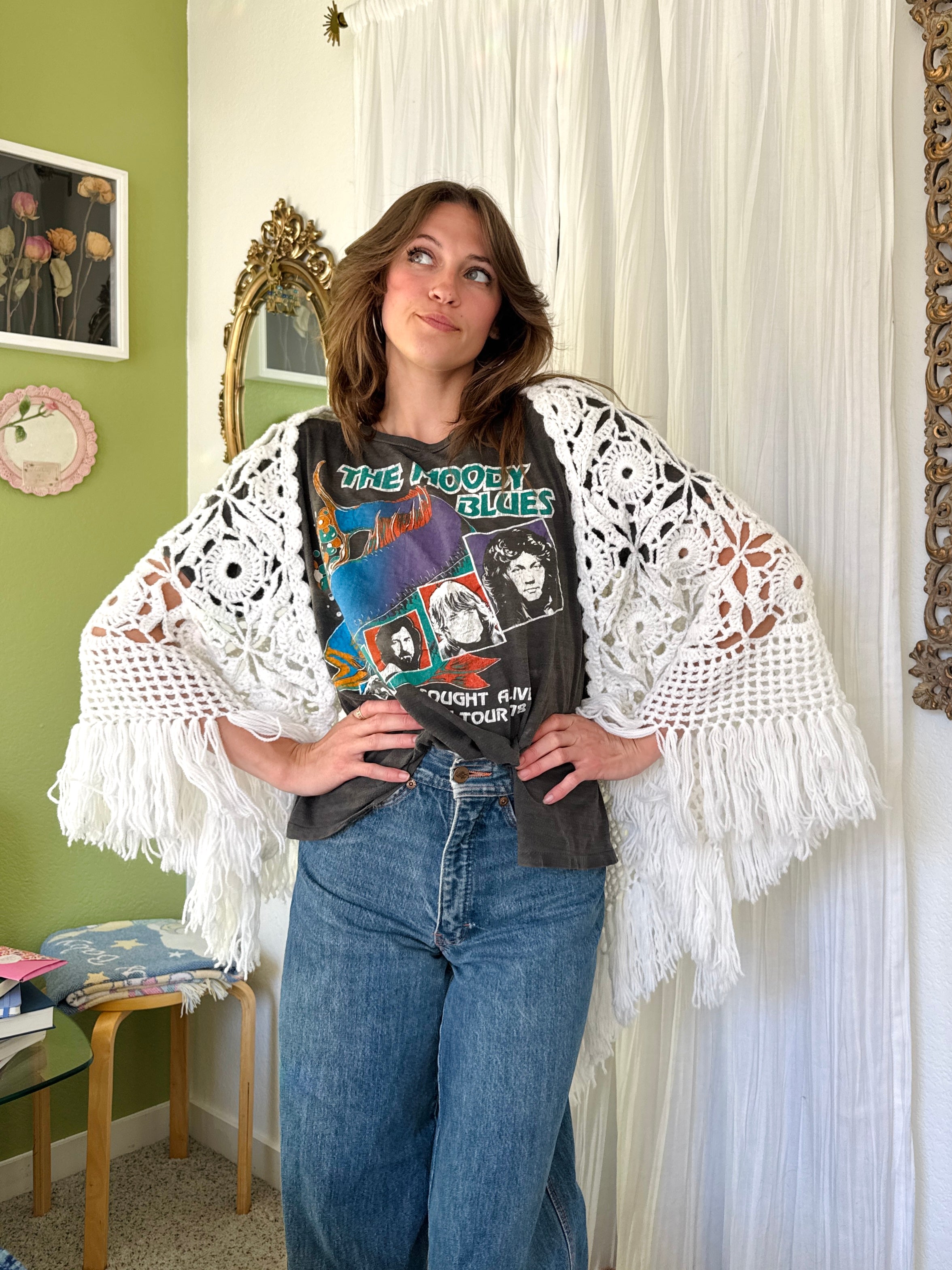 Vintage White Fringe Crochet Cottagecore Shawl