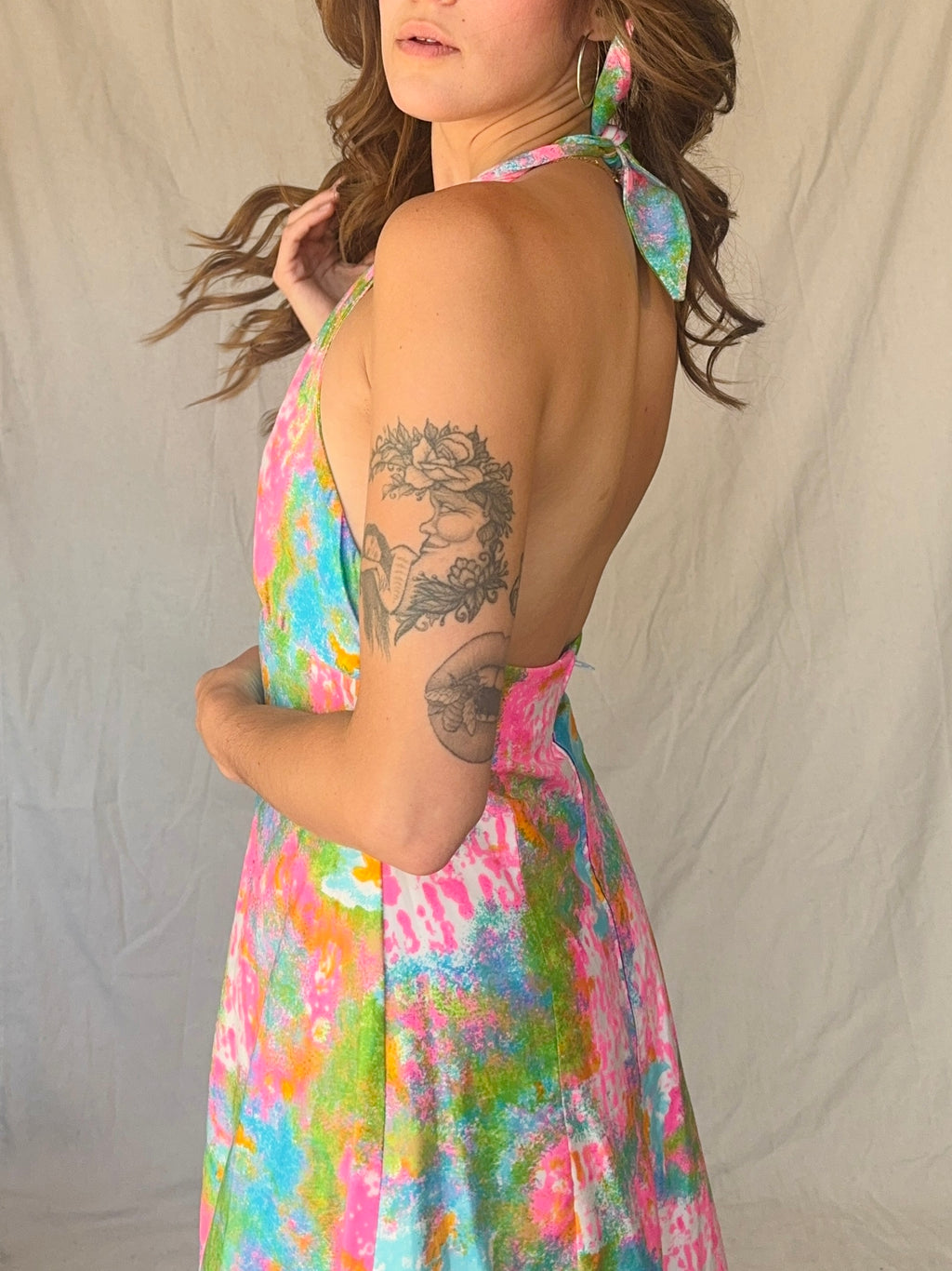 60s Handmade Dayglo Halter Maxi Dress