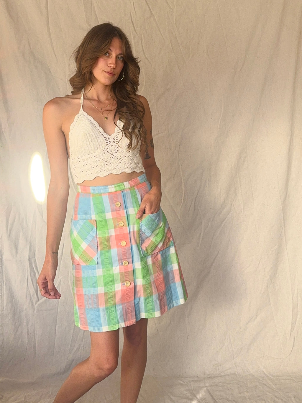 60s Preppy Plaid Mini Button Circle Skirt