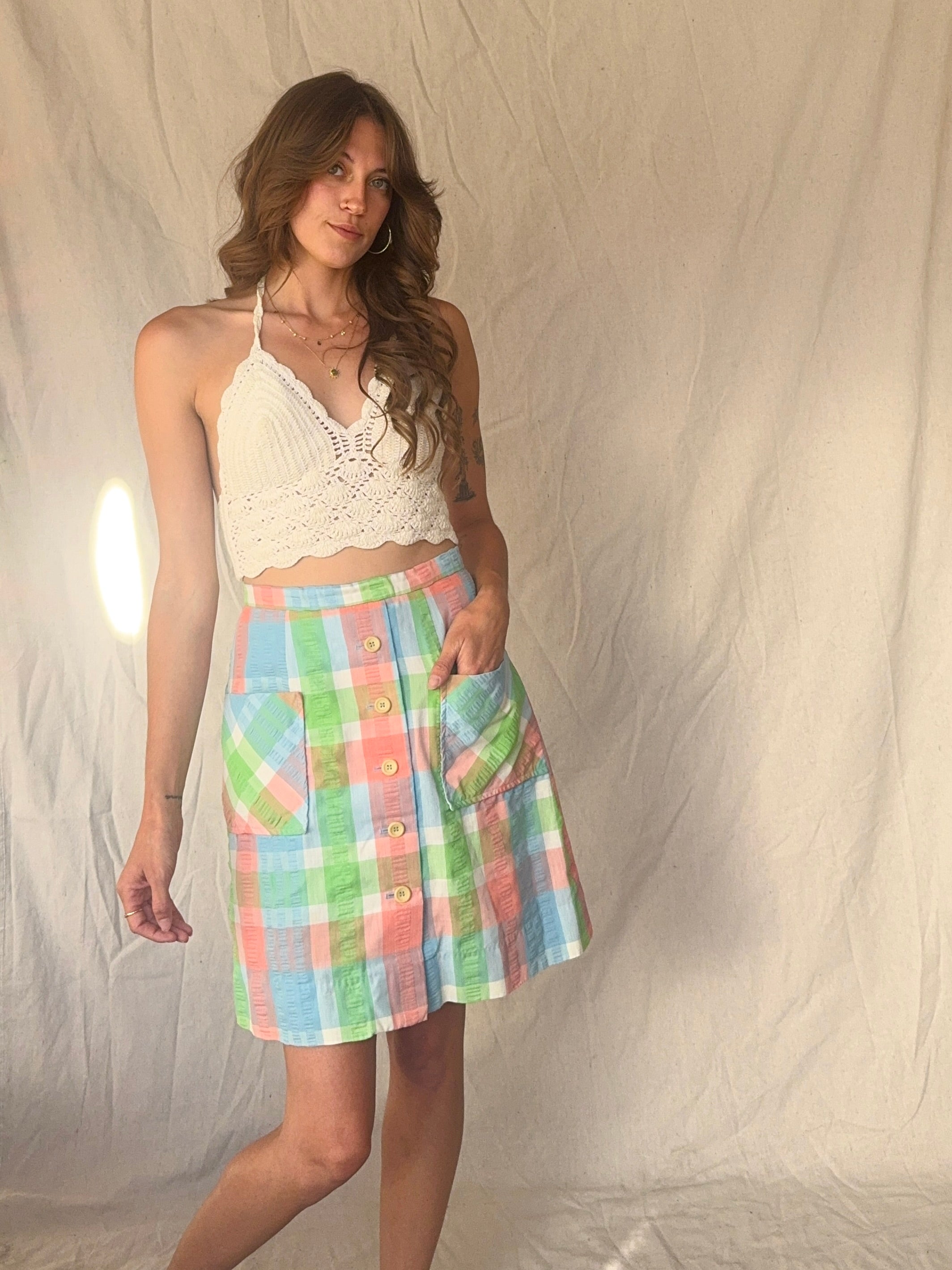 60s Preppy Plaid Mini Button Circle Skirt