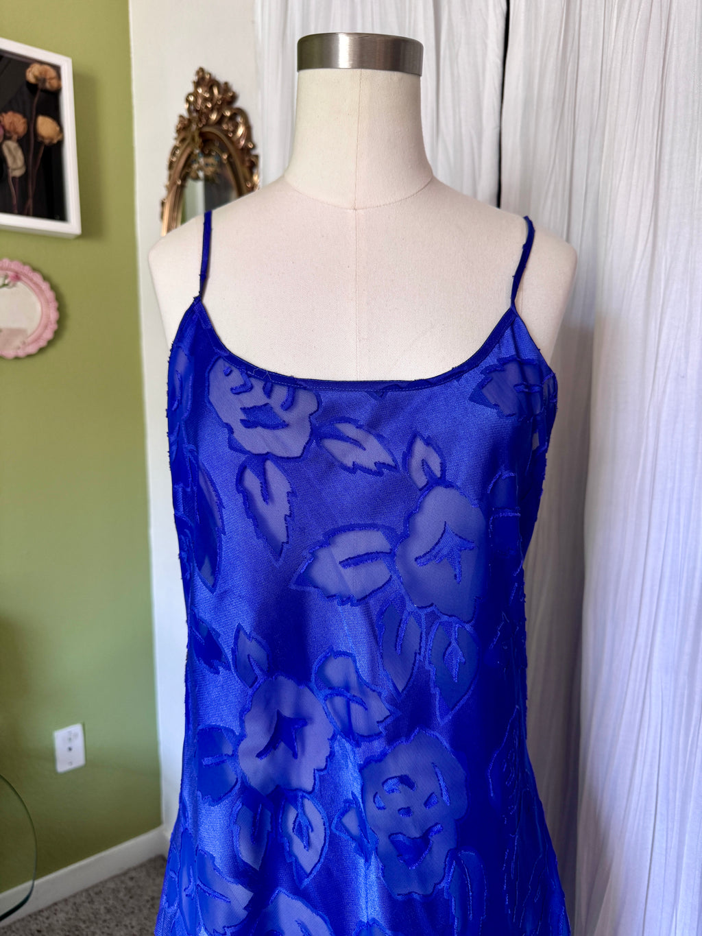 80s Indigo Blue Sheer Floral Pattern Satin Slip Dress