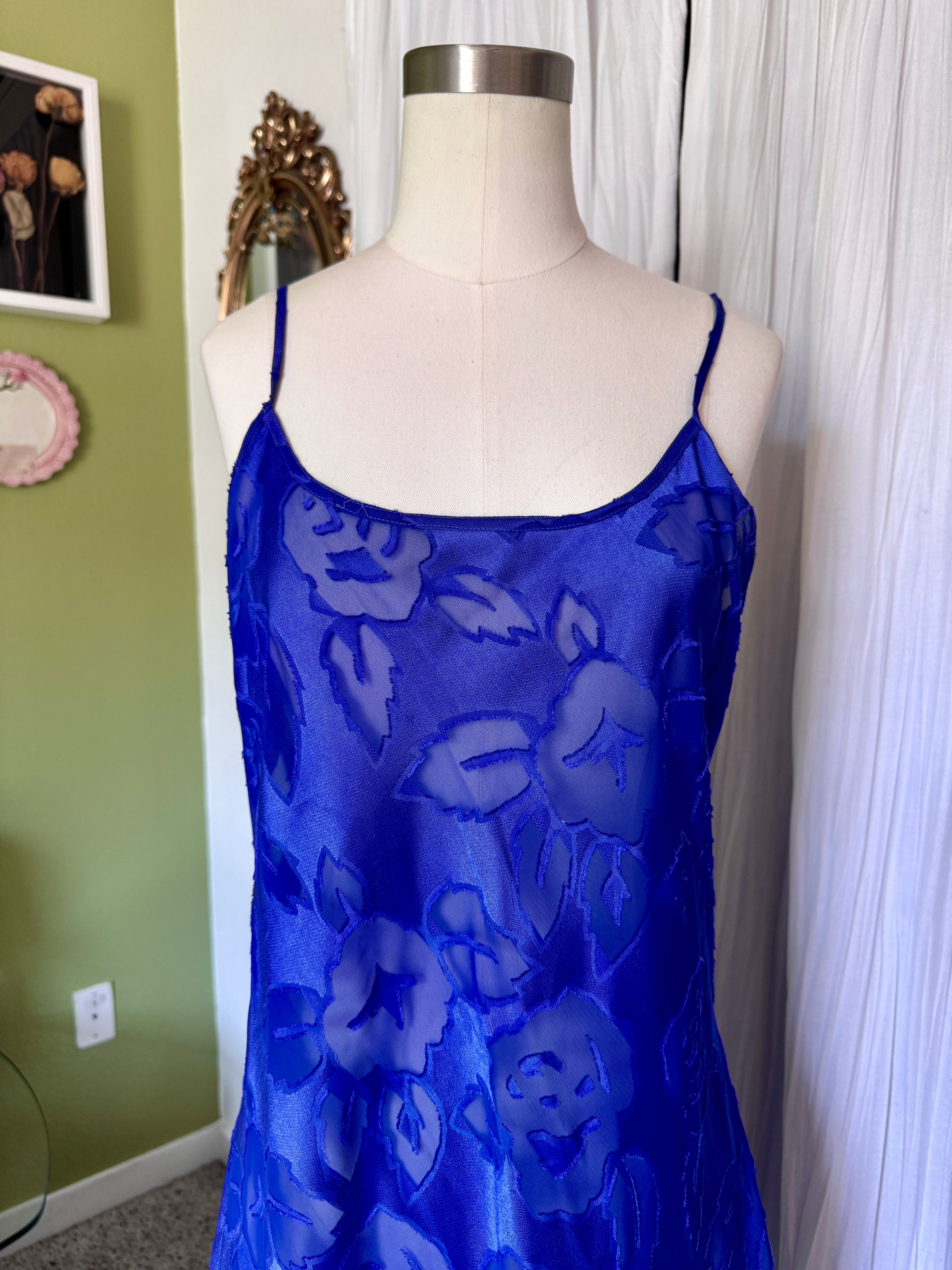 80s Indigo Blue Sheer Floral Pattern Satin Slip Dress