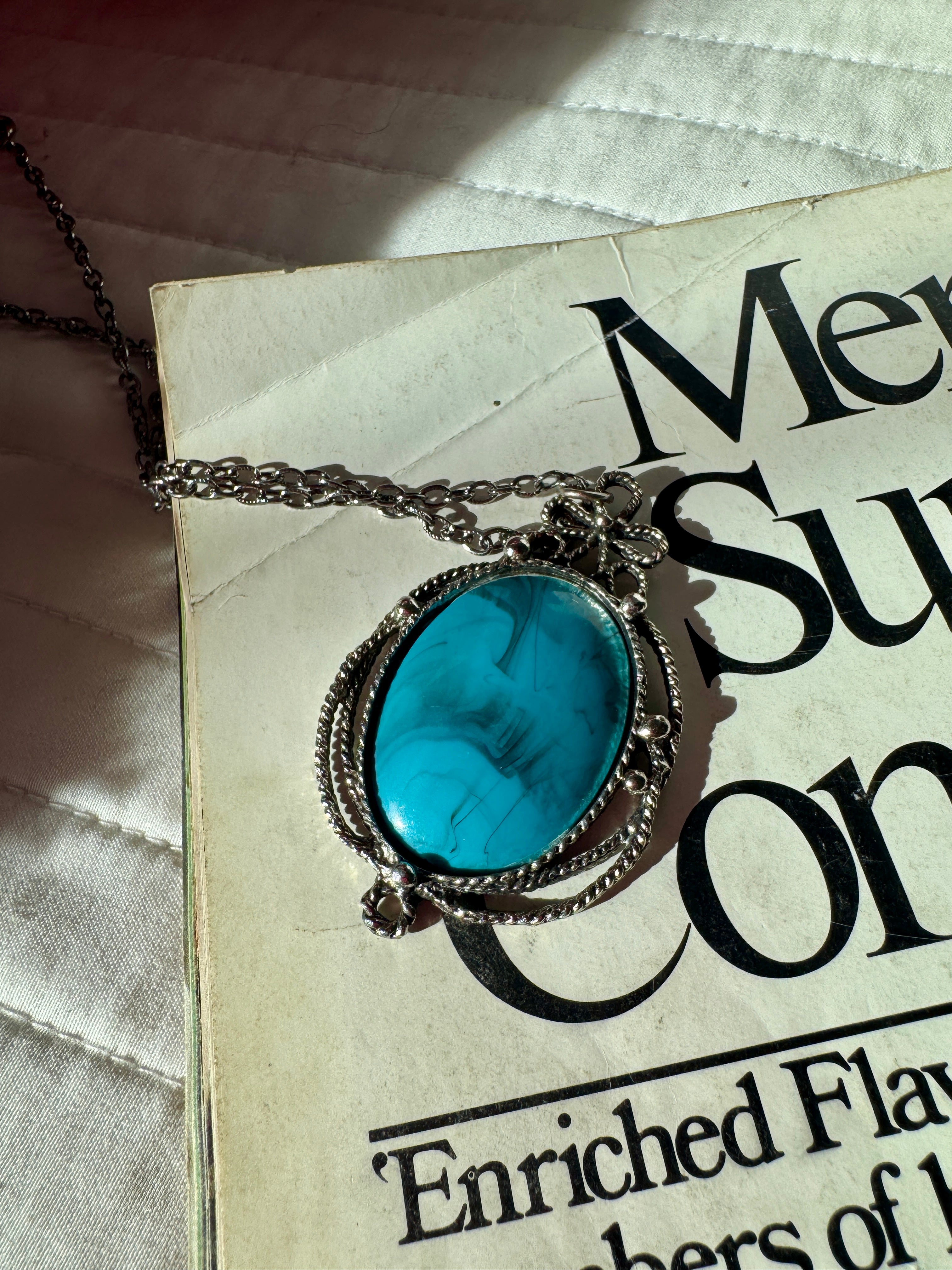 Faux Turquoise Pendant & Silver Chain Necklace