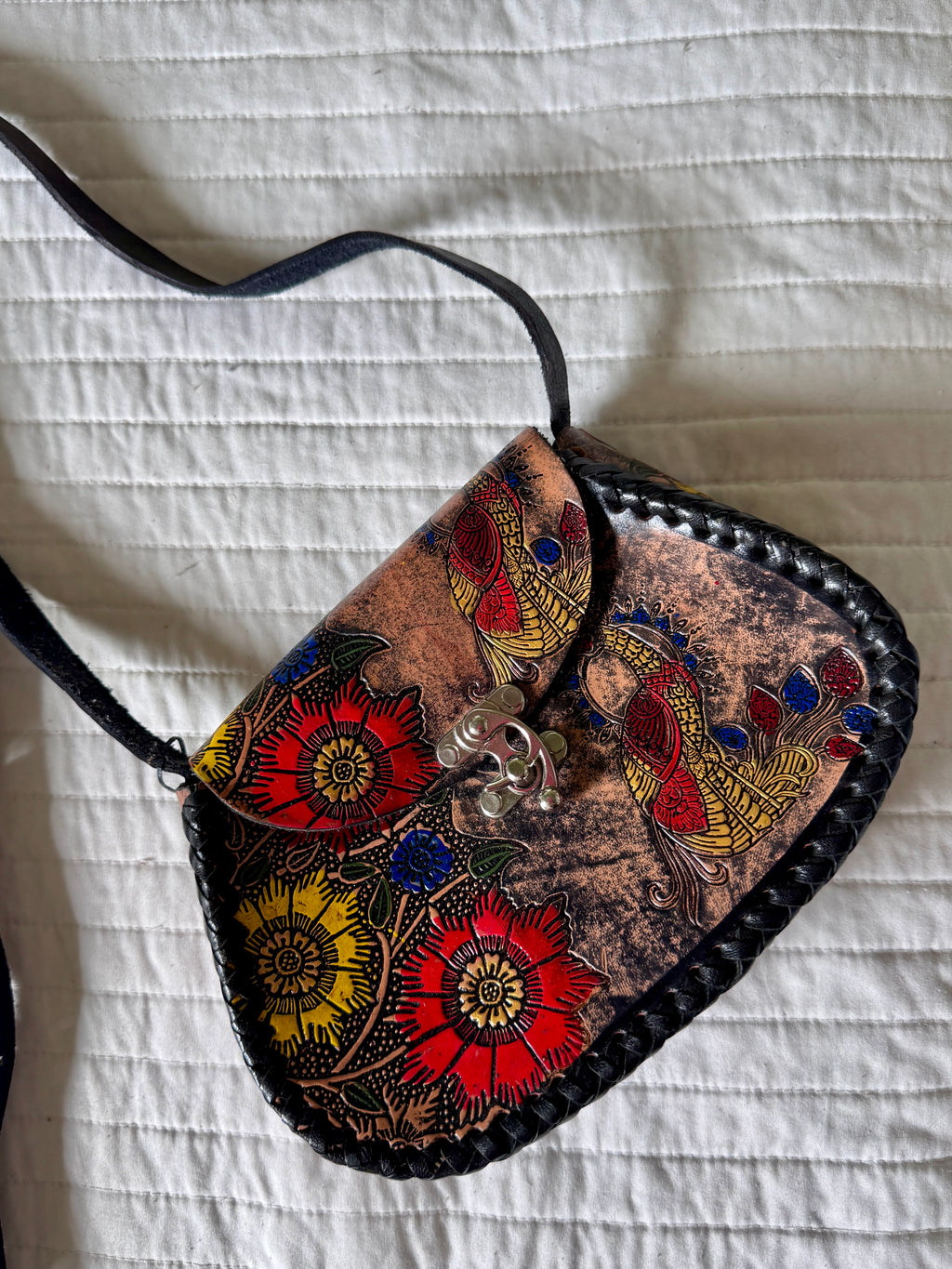Black Leather Hand Tooled and Painted Peacock Flower Crossbody Bag