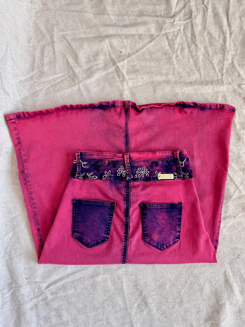 90s/Y2K Pink Whimsigoth Bleach Dye Embroidered Midi Skirt