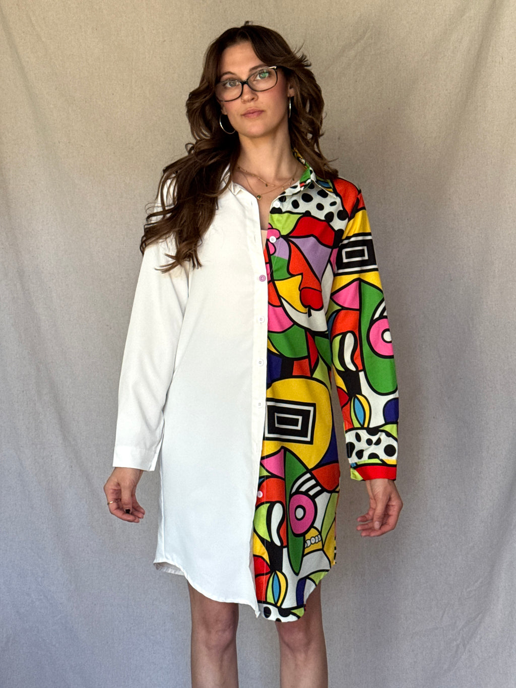 White Split Patterned Shirt Dress (Modern)