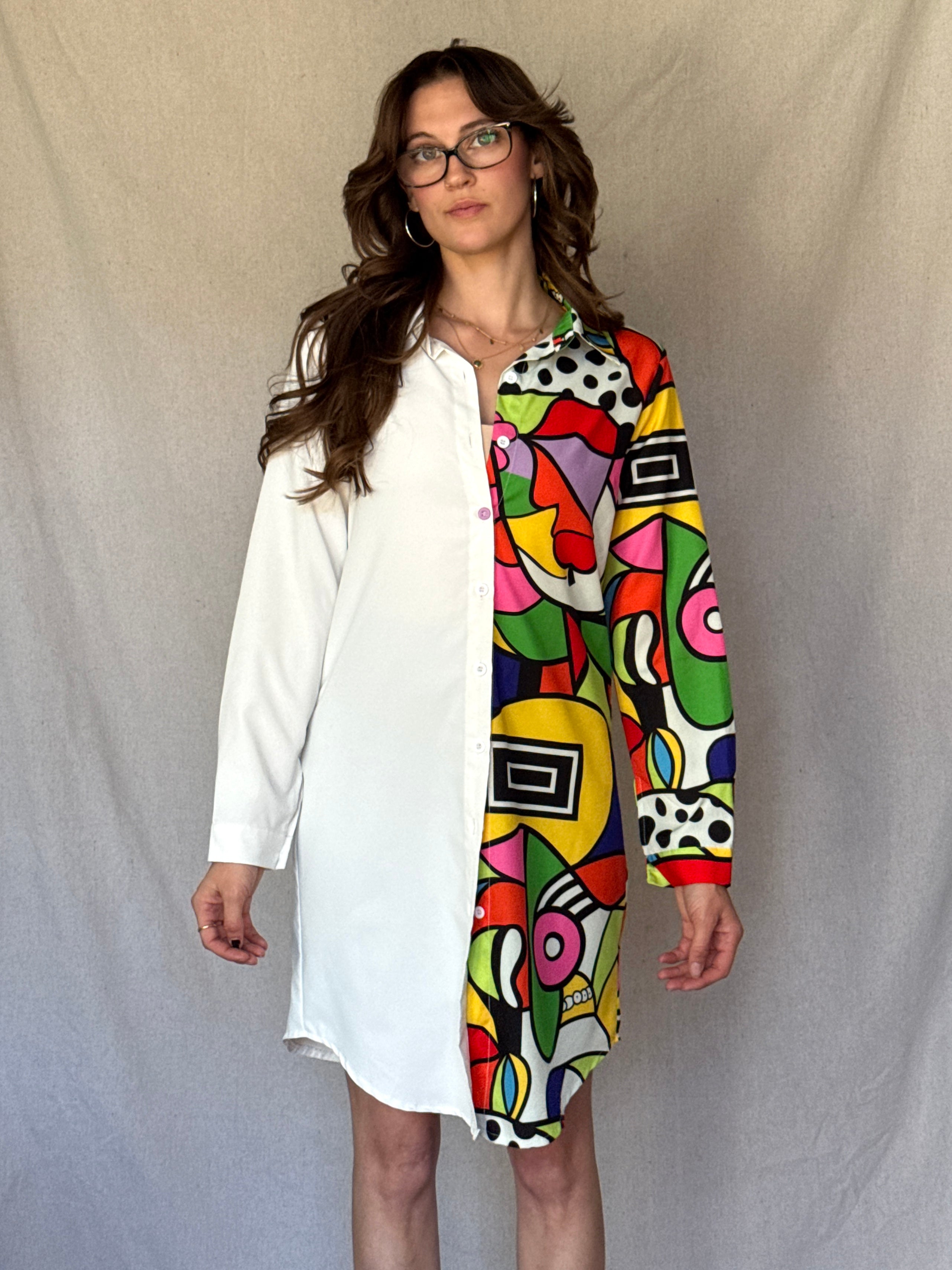 White Split Patterned Shirt Dress (Modern)
