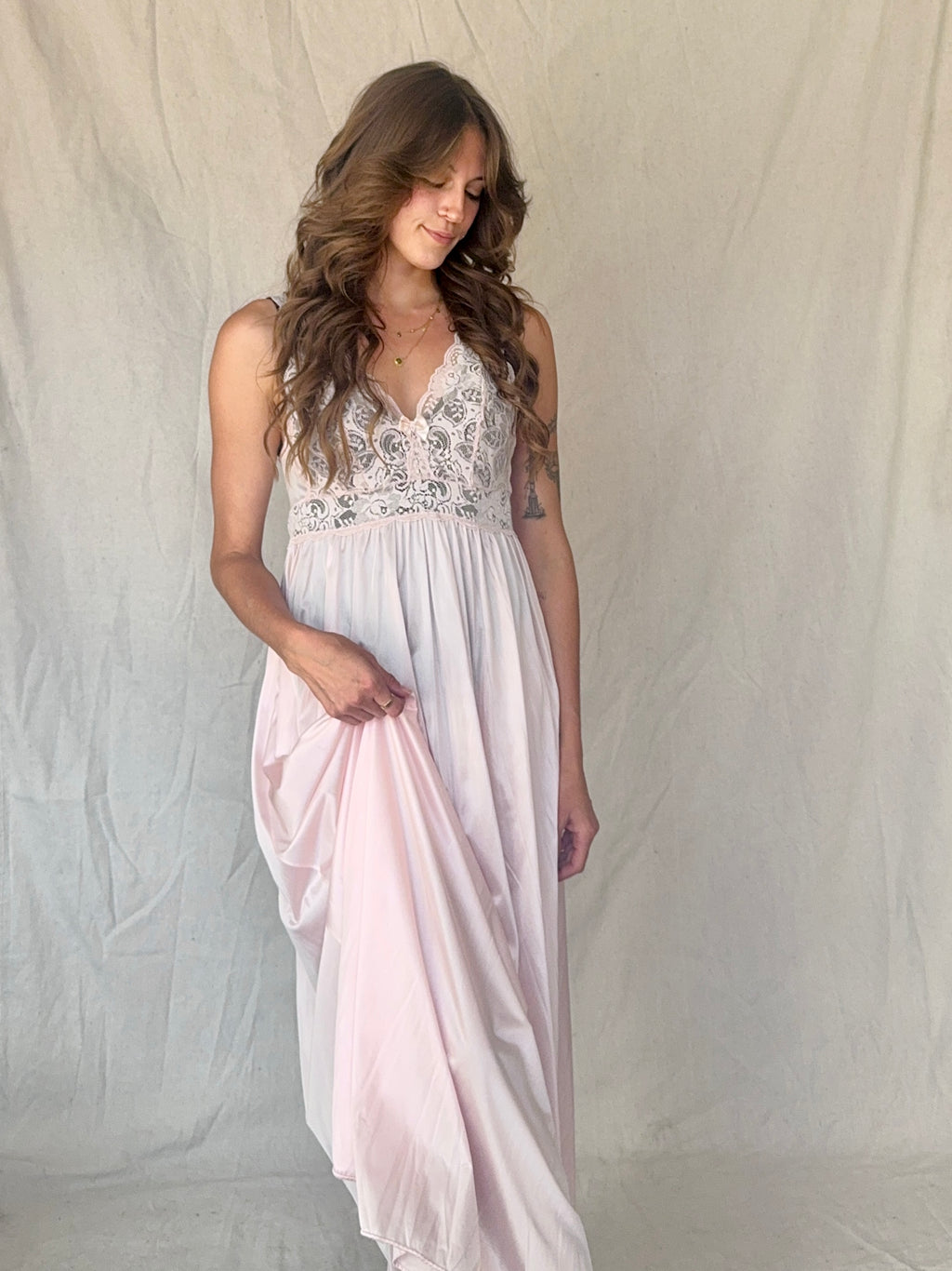 90s Baby Pink Nylon Lace Slip Dress