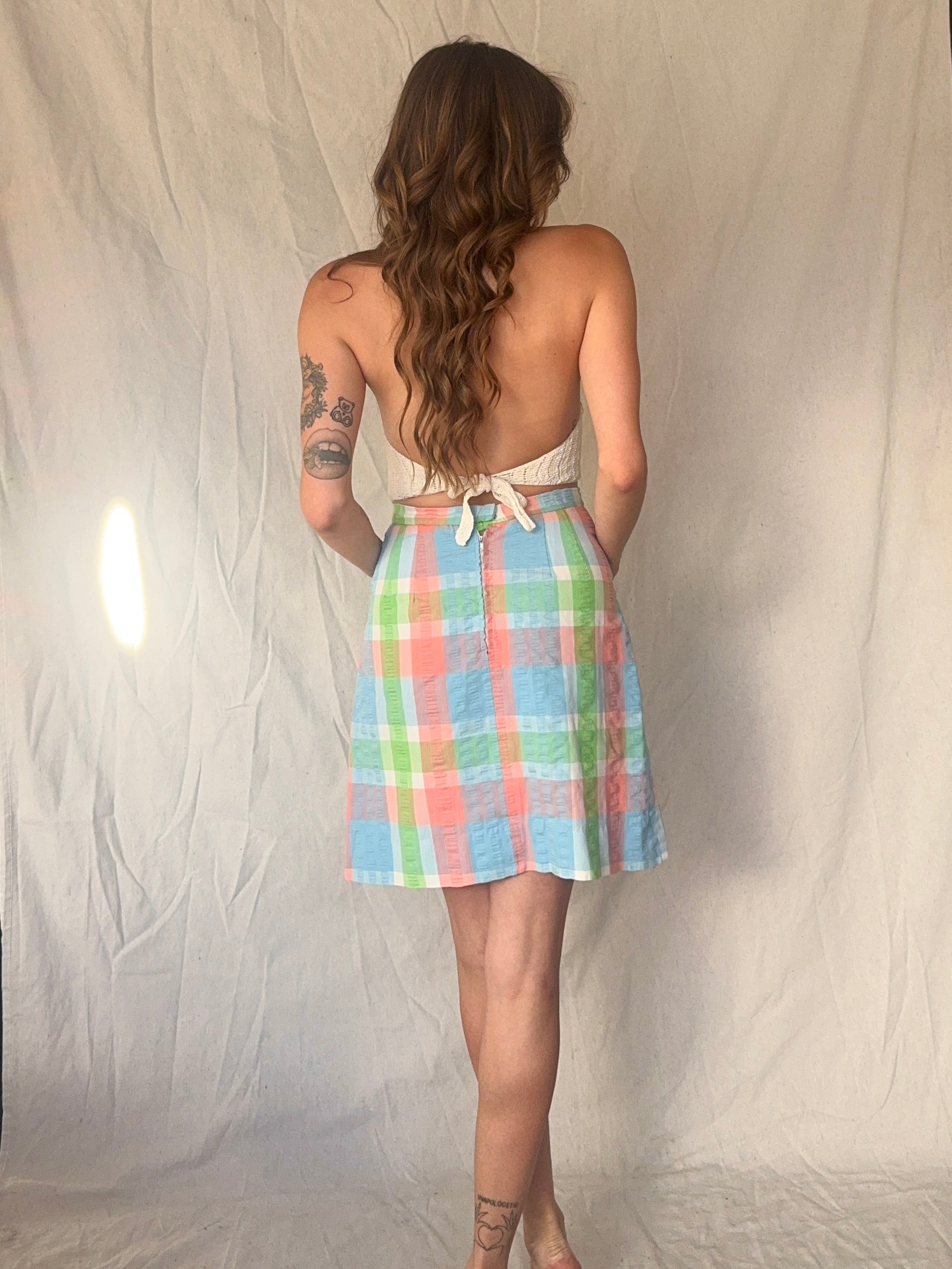 60s Preppy Plaid Mini Button Circle Skirt
