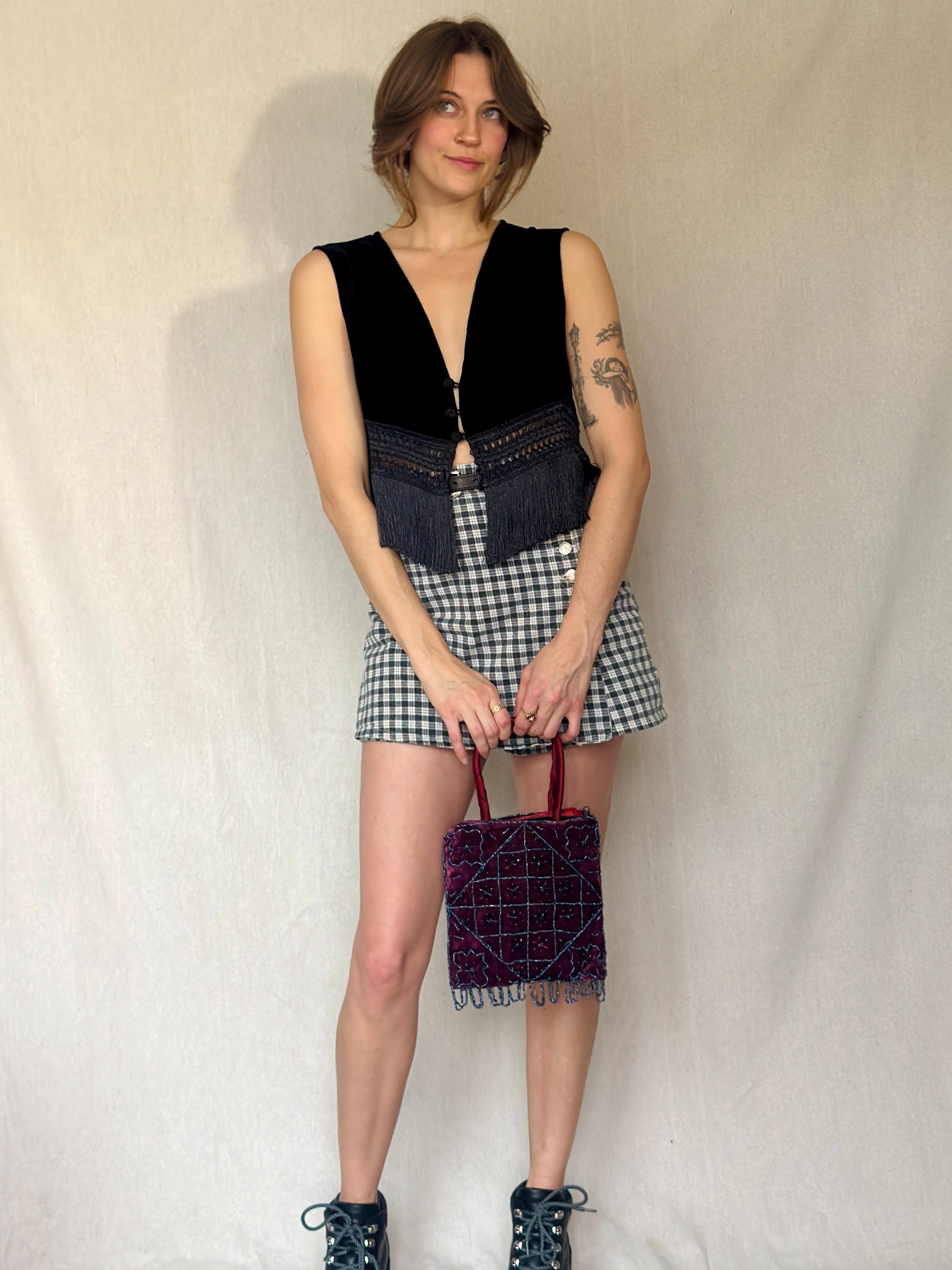 90s Black Velvet Fringe Vest Top