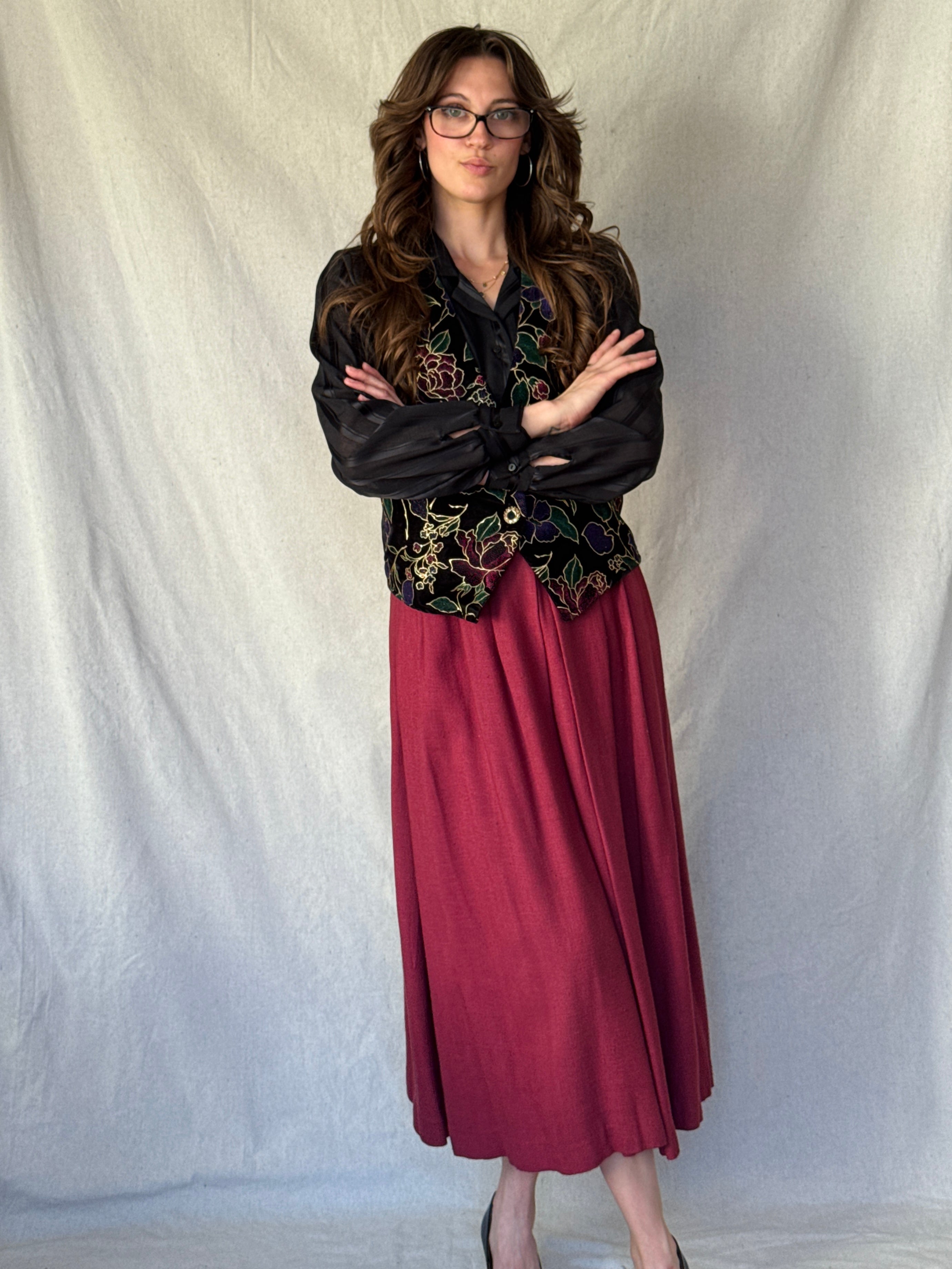 70s Burgundy Pleated Midi Skirt