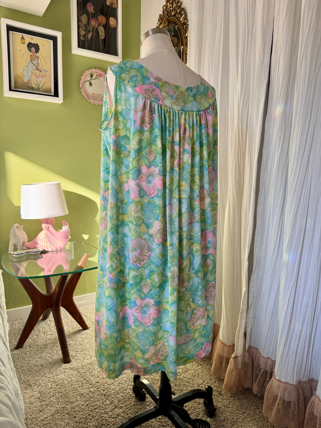60s Green Soft Floral Babydoll Dress Night Gown