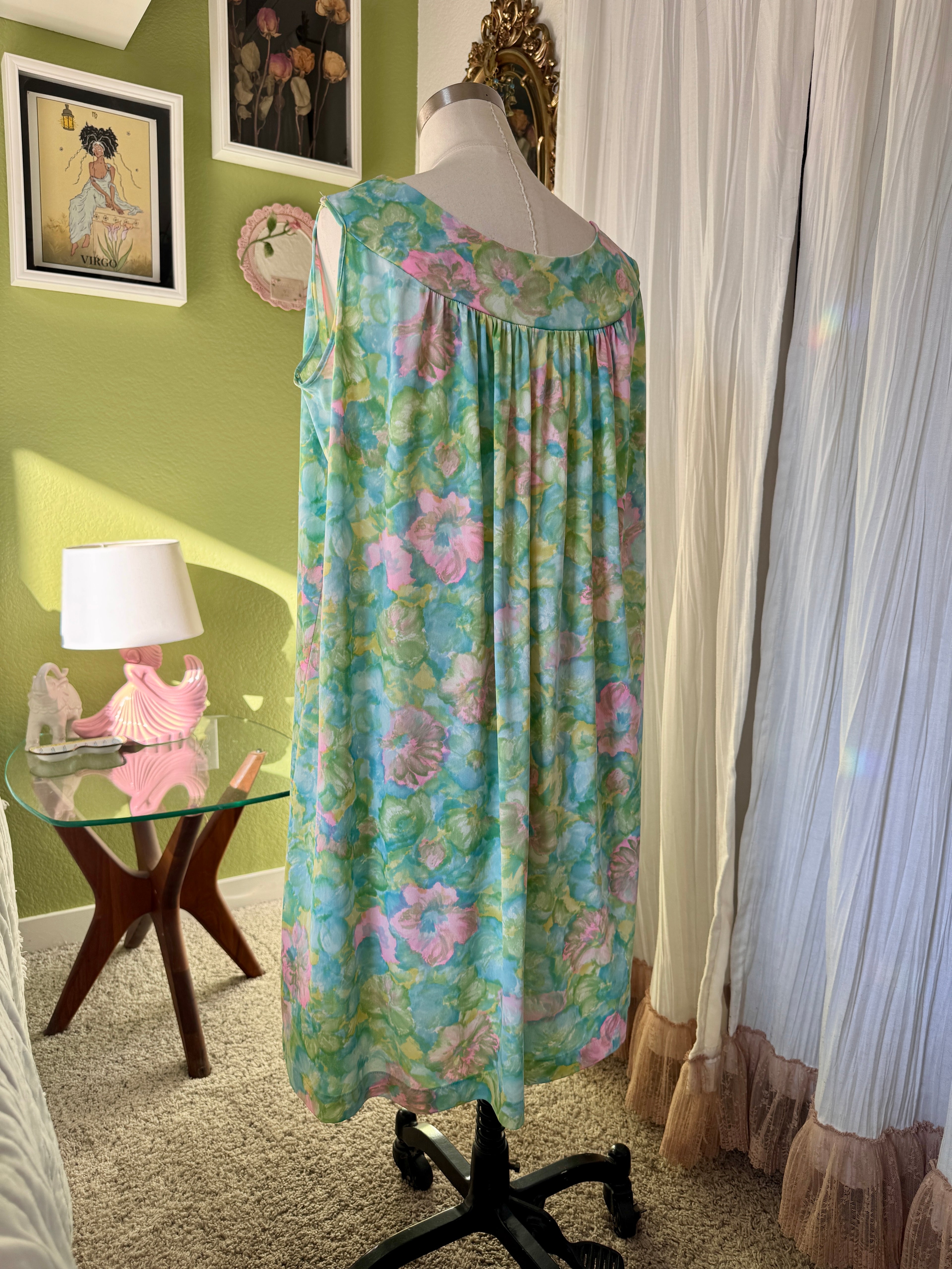 60s Green Soft Floral Babydoll Dress Night Gown