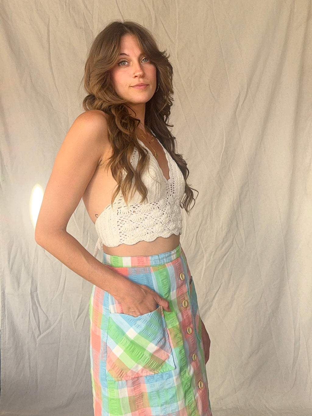 60s Preppy Plaid Mini Button Circle Skirt