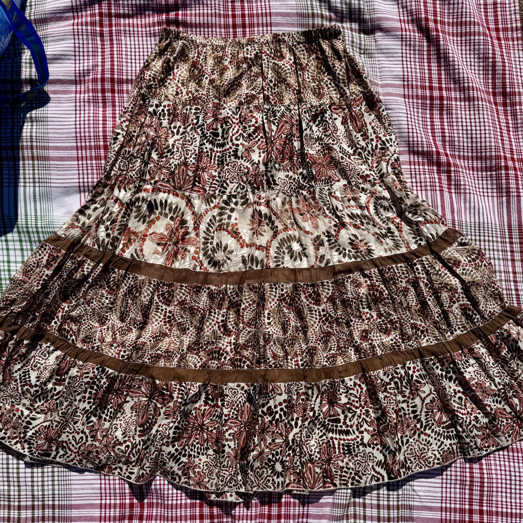 Y2K Brown & Orange Silk Layered Chicos Maxi Skirt