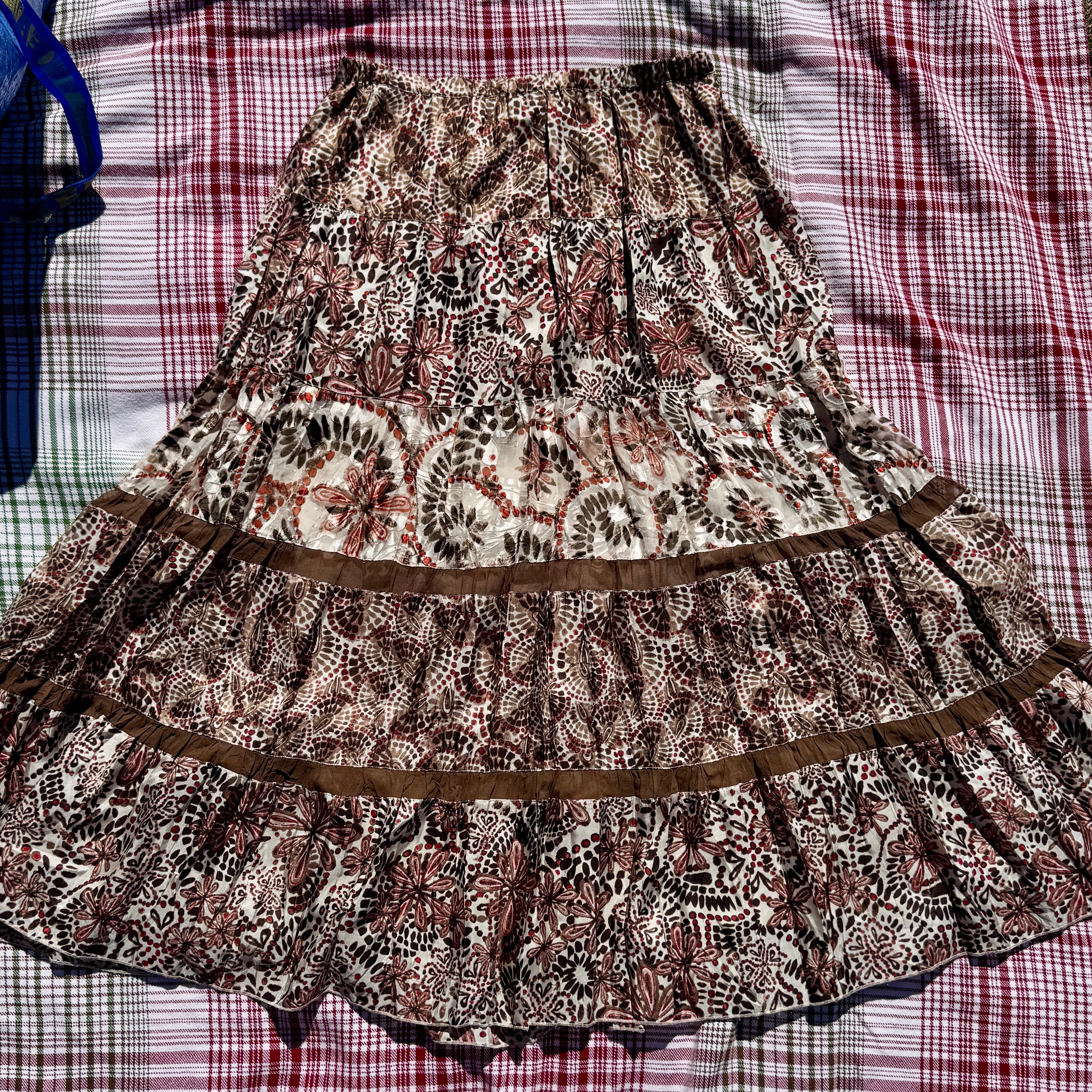Y2K Brown & Orange Silk Layered Chicos Maxi Skirt