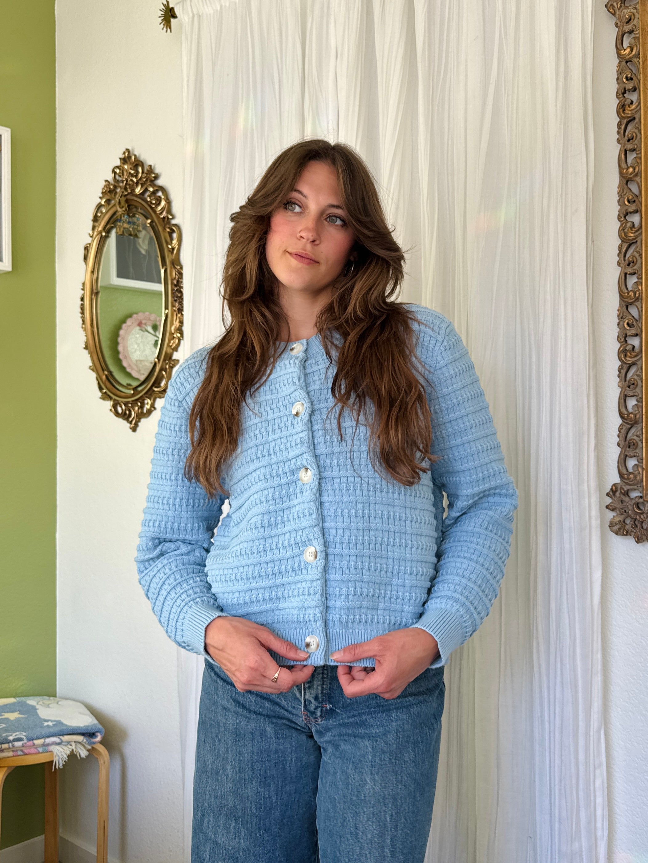 Powder Blue Cotton Knit Button Up Cardigan (Modern)